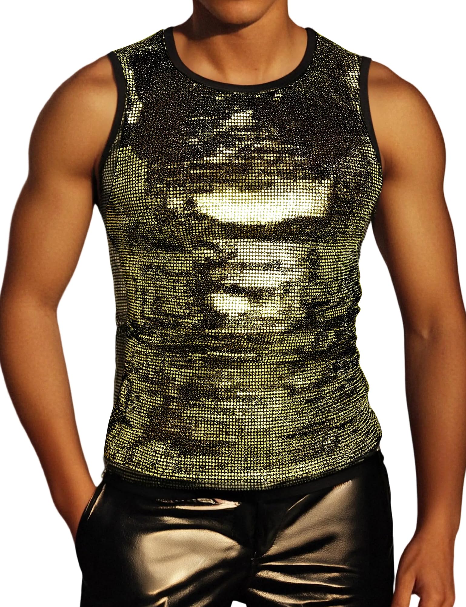 PARKLEES Men's 70s Sequin Tank Top Shiny Disco Metallic Sleeveless Shirt Gold X-Large