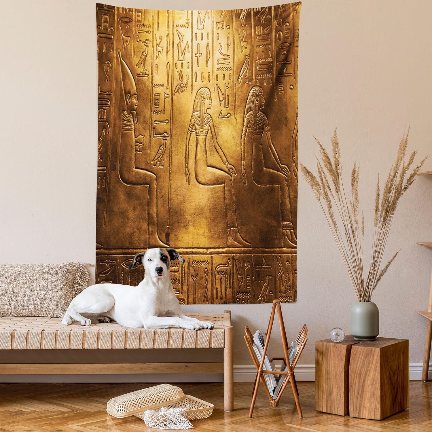 Ambesonne Egyptian Print Tapestry, Egypt Hieroglyphics Old Logographic Details Alphabetic Elements, Wall Hanging for Bedroom Living Room Dorm Decor, 60" X 80", Gold Brown