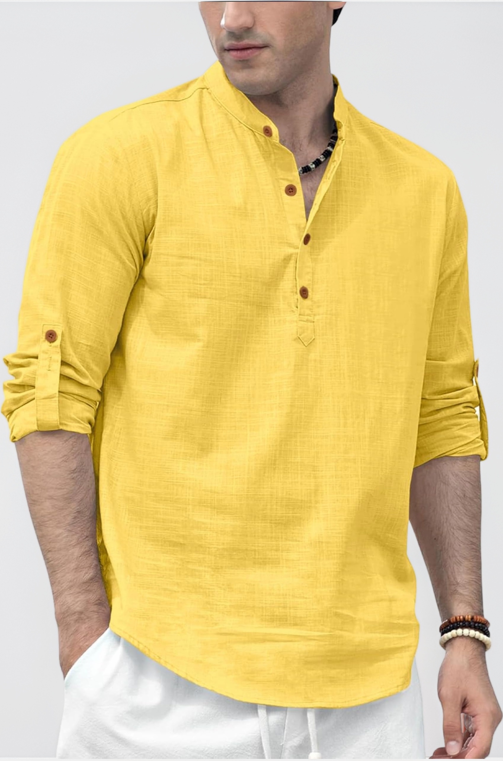 Men's Solid Cotton Polyester Blend Straight Kurta Shirt, Regular Fit Full Sleeve Short Kurta Shirt
