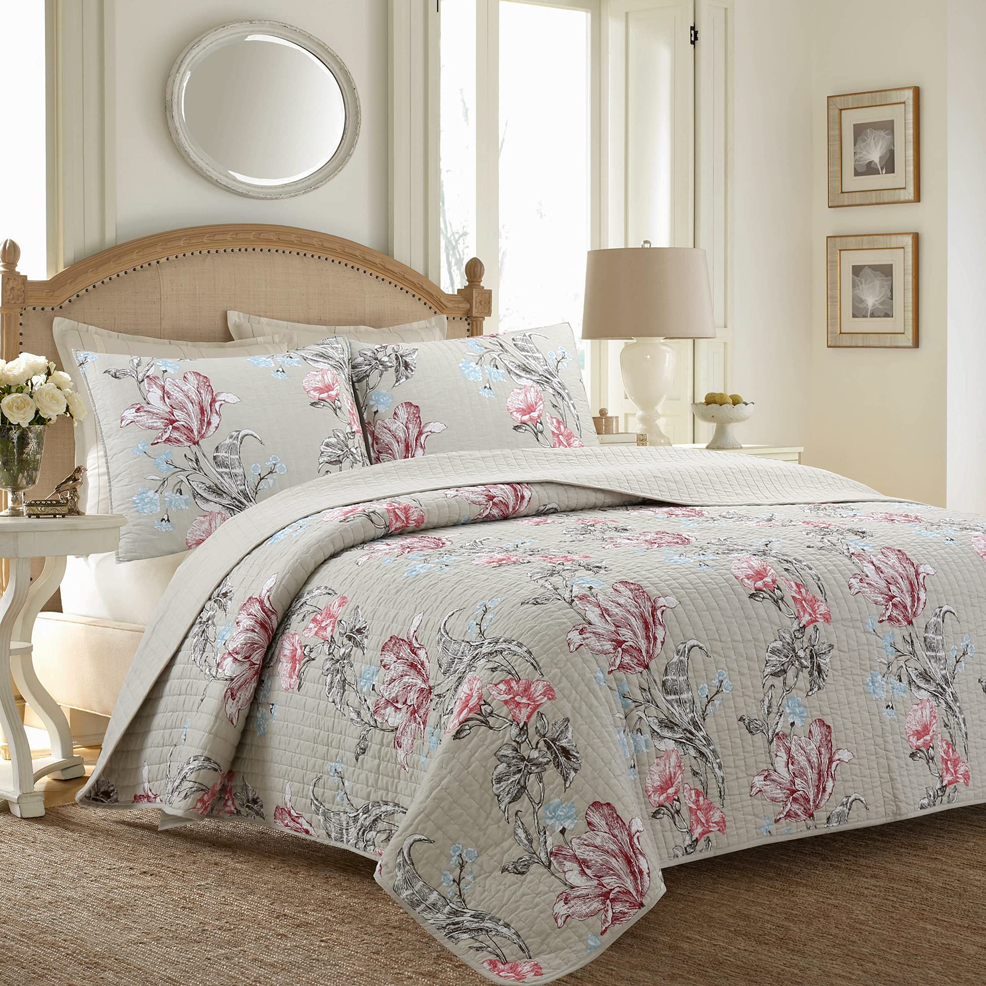 Cozy Line Home Fashions Taupe Khaki Floral Blooming 100% Cotton Reversible Quilt Bedding Set, Coverlet, Bedspread (Taupe Blooming, King - 3 Piece)