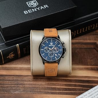 BENYAR Men's Watch Waterproof Chronograph Luminous Classic Watches Leather Strap Large Dial Date Analogue and Anti-Scratch Elegant Gift (Black Black)