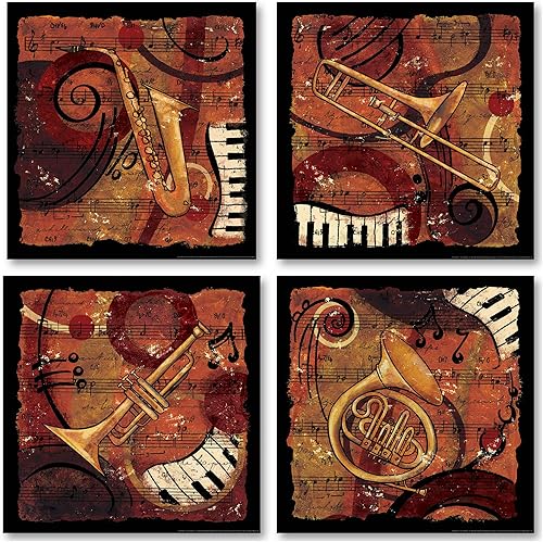 Gango Home Decor Jazz Music I Classic, Retro Trompeta, Sax, Trombon Cuatro impresiones de póster de 12 x 12 pulgadas..