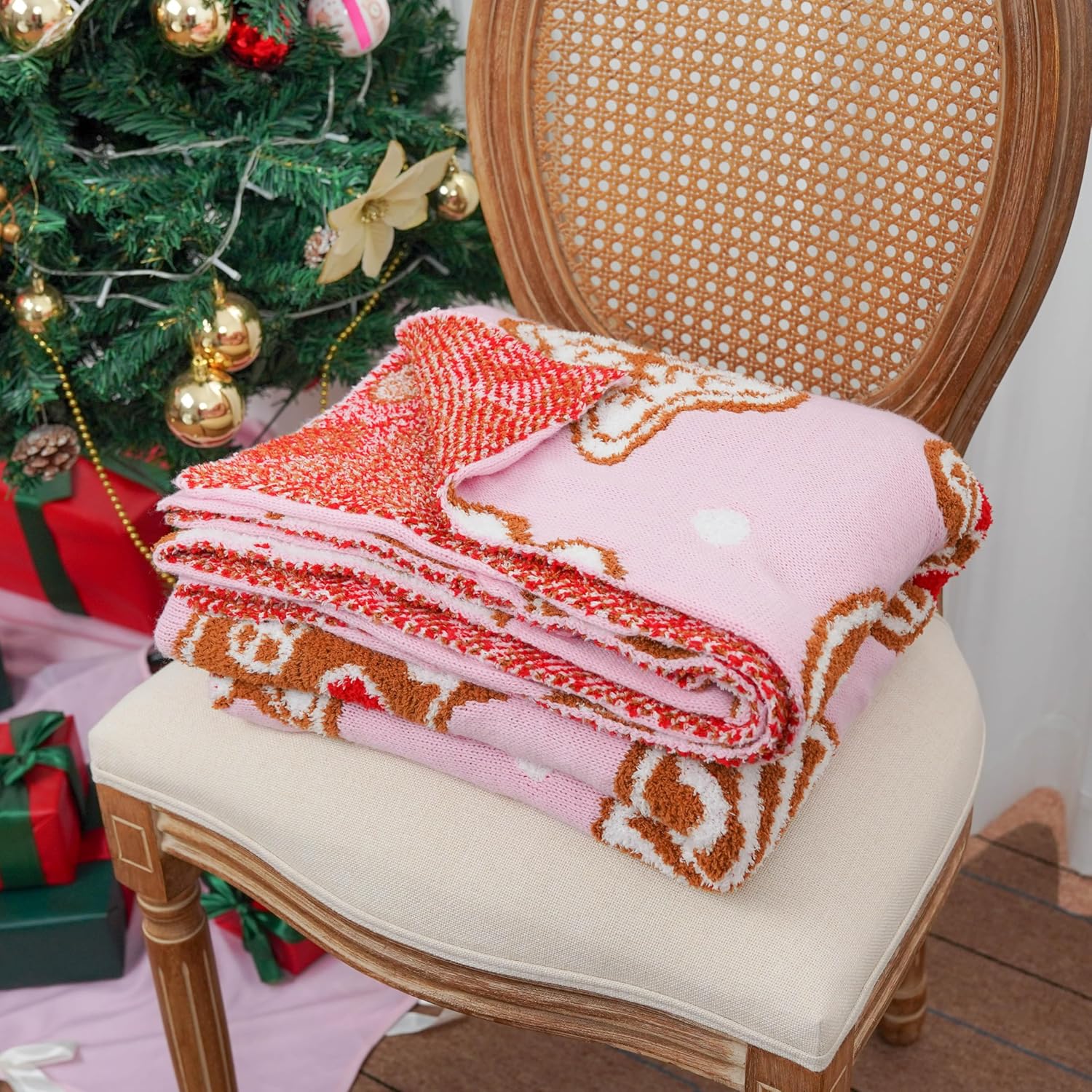 Pink Christmas Blanket Gingerbread Knit Decor Candy Cane Reversible Ultra Soft Cozy Throw Blankets Gifts for Family Home Sofa Couch Bed 50x60 Inch - Image 5