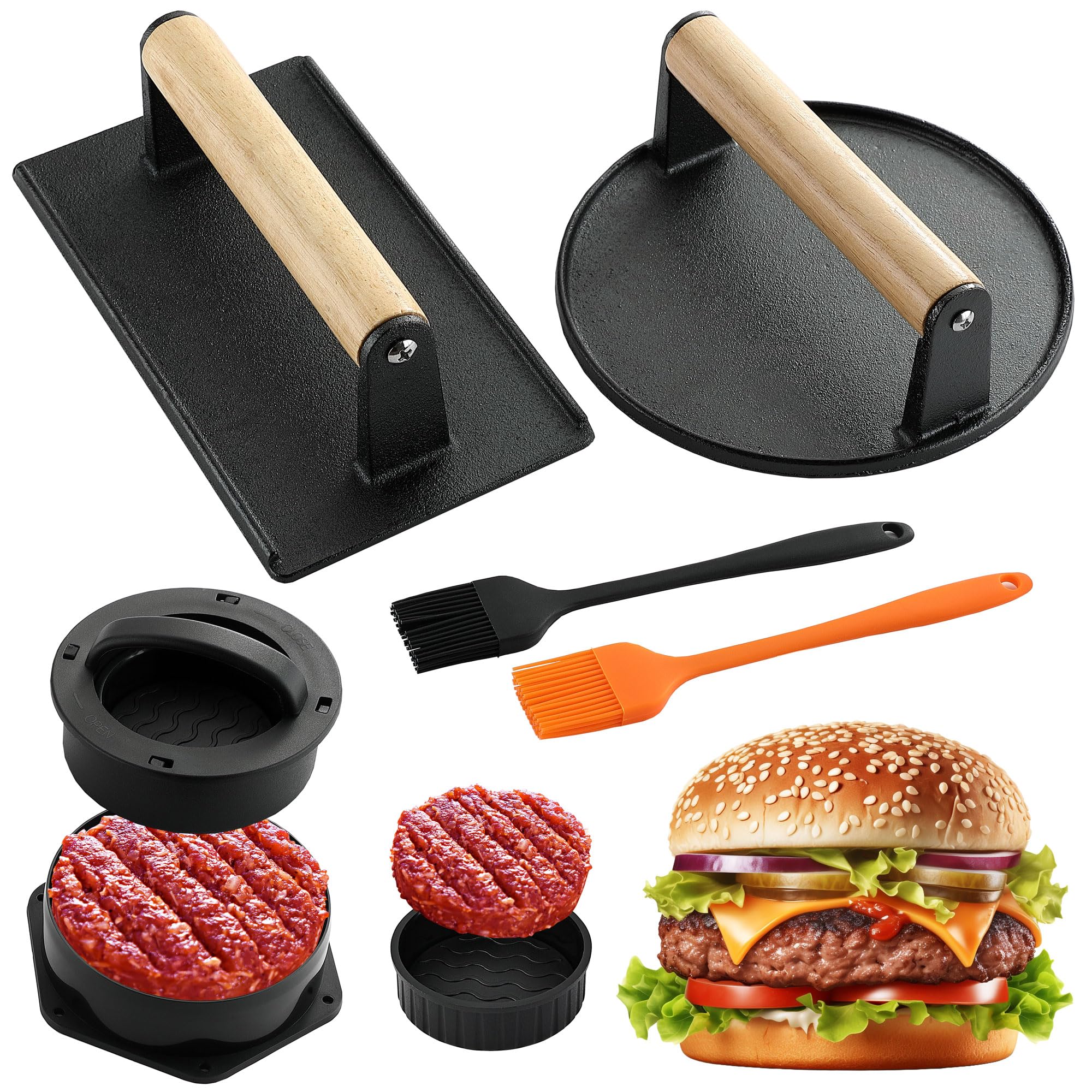 POLOGO - Kit de 5 piezas para hacer hamburguesas – Molde de hamburguesas relleno 4 en 1, 2 prensas de hamburguesas de hierro fundido, cepillos de salsa incluidos, juego de prensa antiadherente para