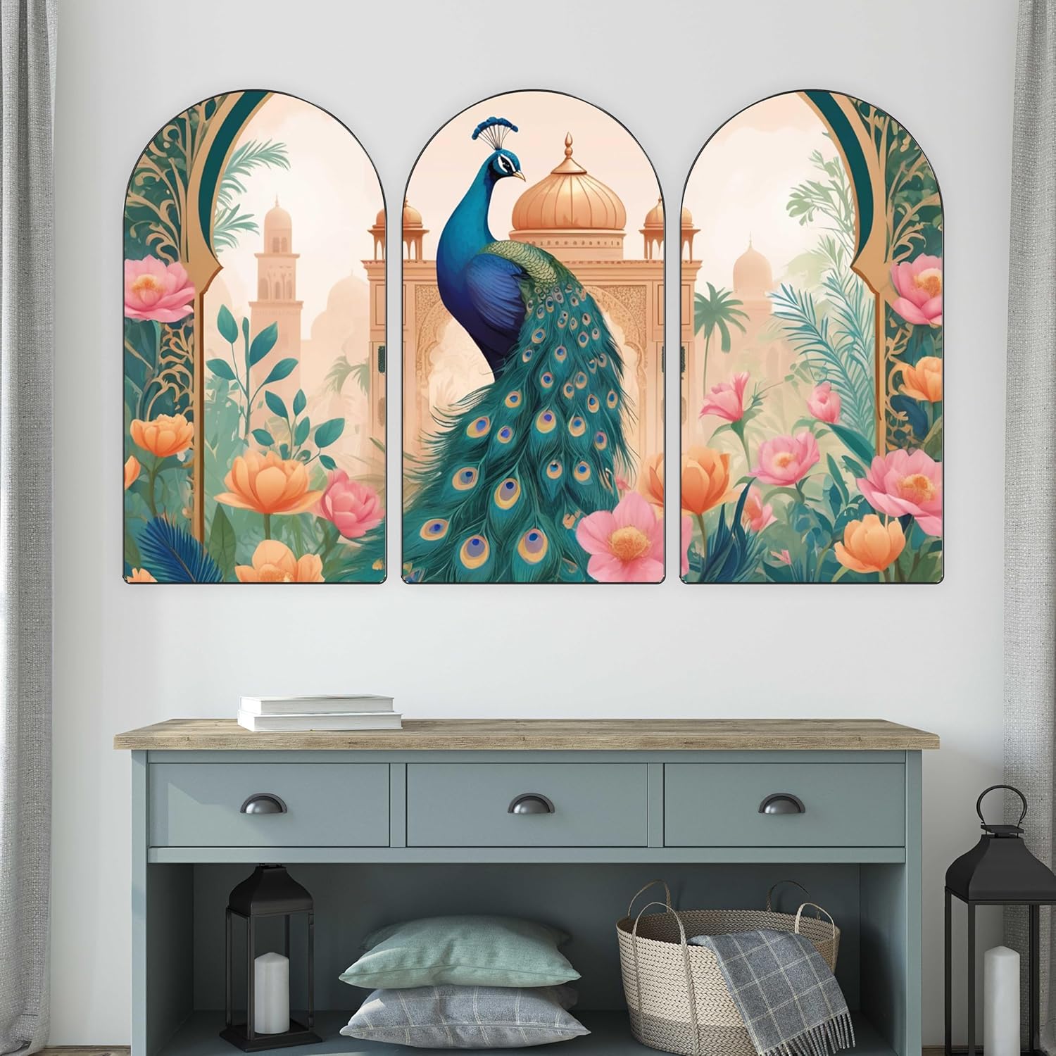 Livin’luxe Set of 3 Peacock Lotus Palace 3 Panel Wall Art | Elegant Multicolor Floral Canvas for Living Room, Bedroom, Office & Home Decor | Premium Modern Wall Hanging 50 inch x 30 inch RPNL-05