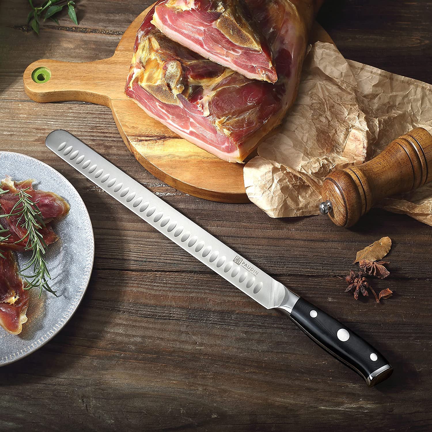 PAUDIN Cuchillo para Jamón 30cm, Cuchillo de Corte, Hoja Profesional de Cocina de Acero Inoxidable Alemán, Cuchillos de Chef Adecuados para Asados Ahumados, Pavo, Salmón, Pan