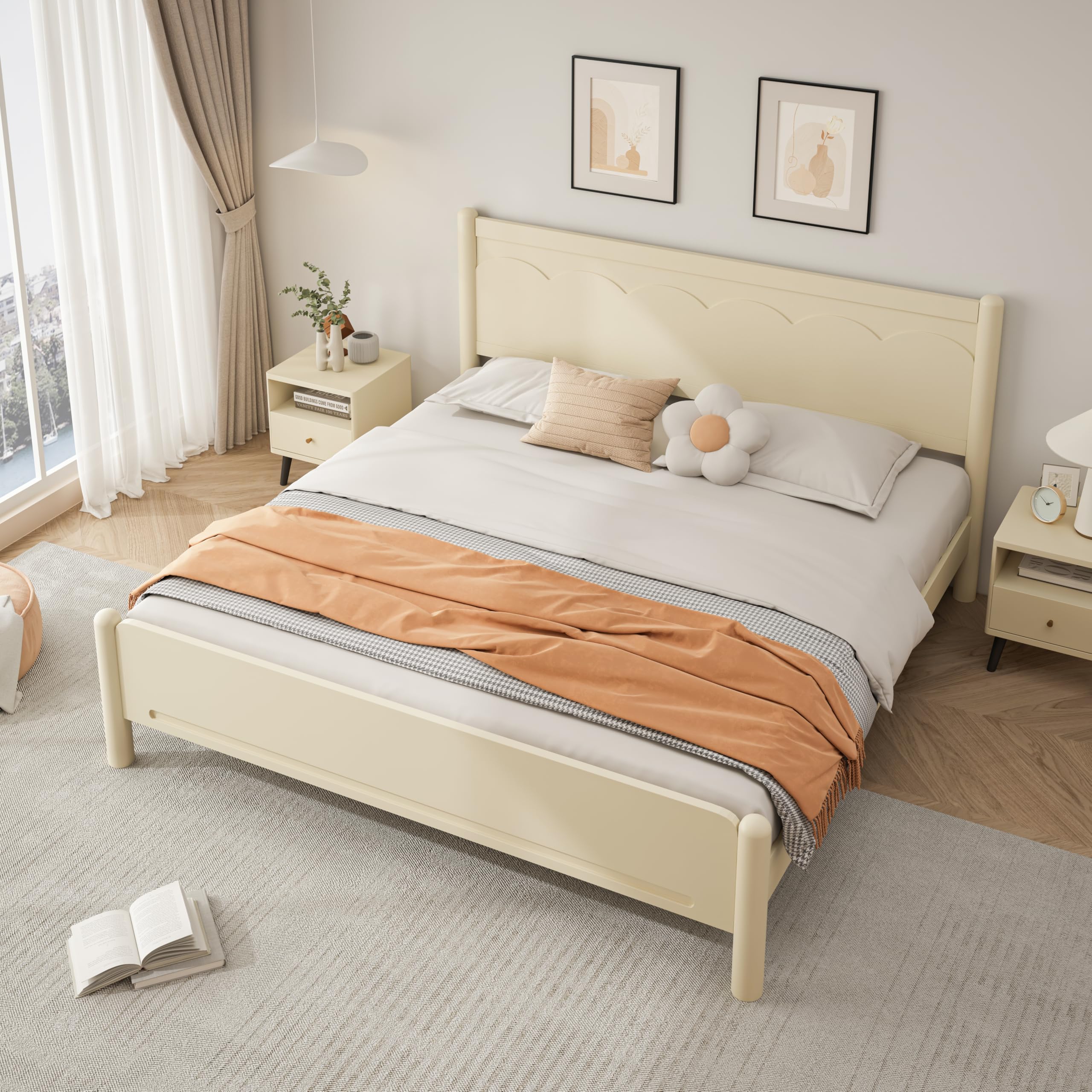Platform Bed King Size Frame with Headboard Sturdy Modern Wood Bed with Slat Supports No Box Spring Needed