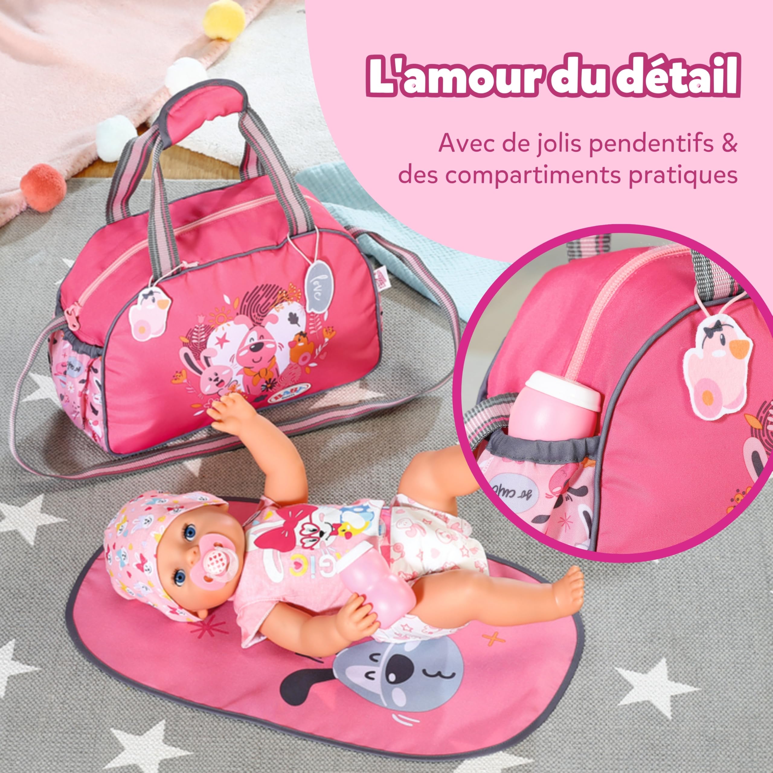 BABY born Sac à langer - Sac à langer pour poupée rose/gris - Accessoires de haute qualité pour poupées avec matelas à langer, couches et boîte à poudre - Convient aux enfants à partir de 3 ans