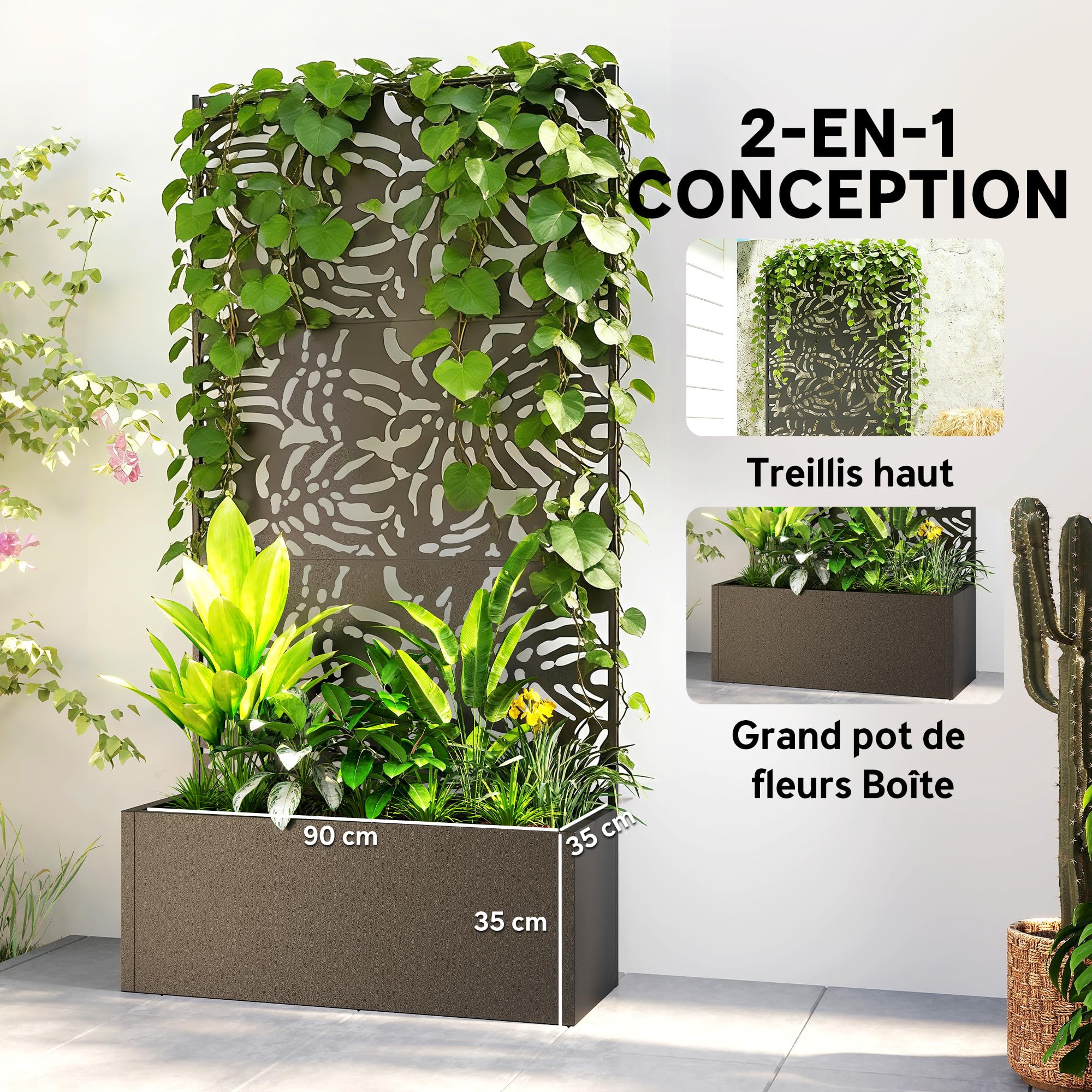 Outsunny Jardinière avec Treillis, Bac à Fleurs 90 x 35 x 180 cm Noir