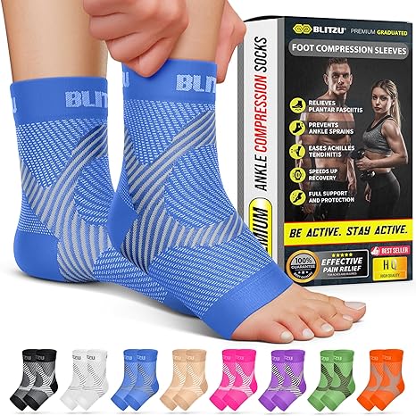BLITZU Compression Socks for Plantar Fasciitis, Achilles Tendonitis, Arthritis Relief, Ankle Brace Compression Sleeve with Foot Arch Support, Ankle Wrap for Women, Men, Swelling & Heel Pain Blue S-M
