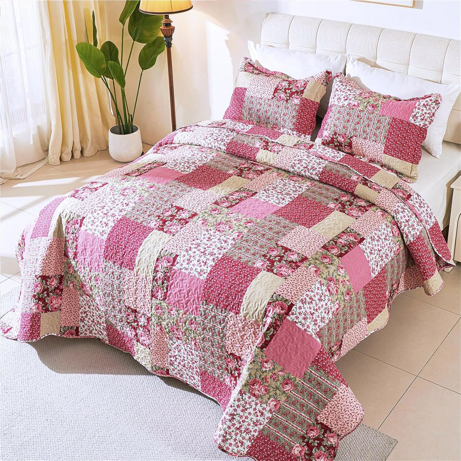 Romantic Patchwork Quilt Set Oversized King Size,Reversible Bedspread Coverlet 3-Piece,Floral Bed Cover Set with Pillow Shams,Lightweight Microfiber Bedding Set for All Season (Hot Pink,114x102) - Image 8