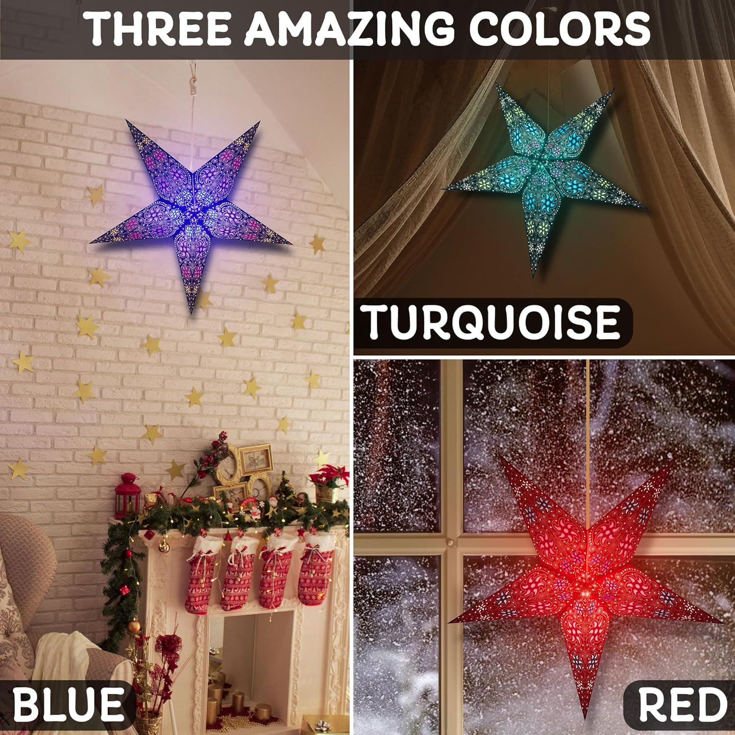 GalaxyArts Paper Star Lanterns Pack of 3 Chakra Blue, Turquoise and Red 24 Inch Christmas Light Up Hollow Out Star Hanging Decoration for Thanksgiving, Special Occasion