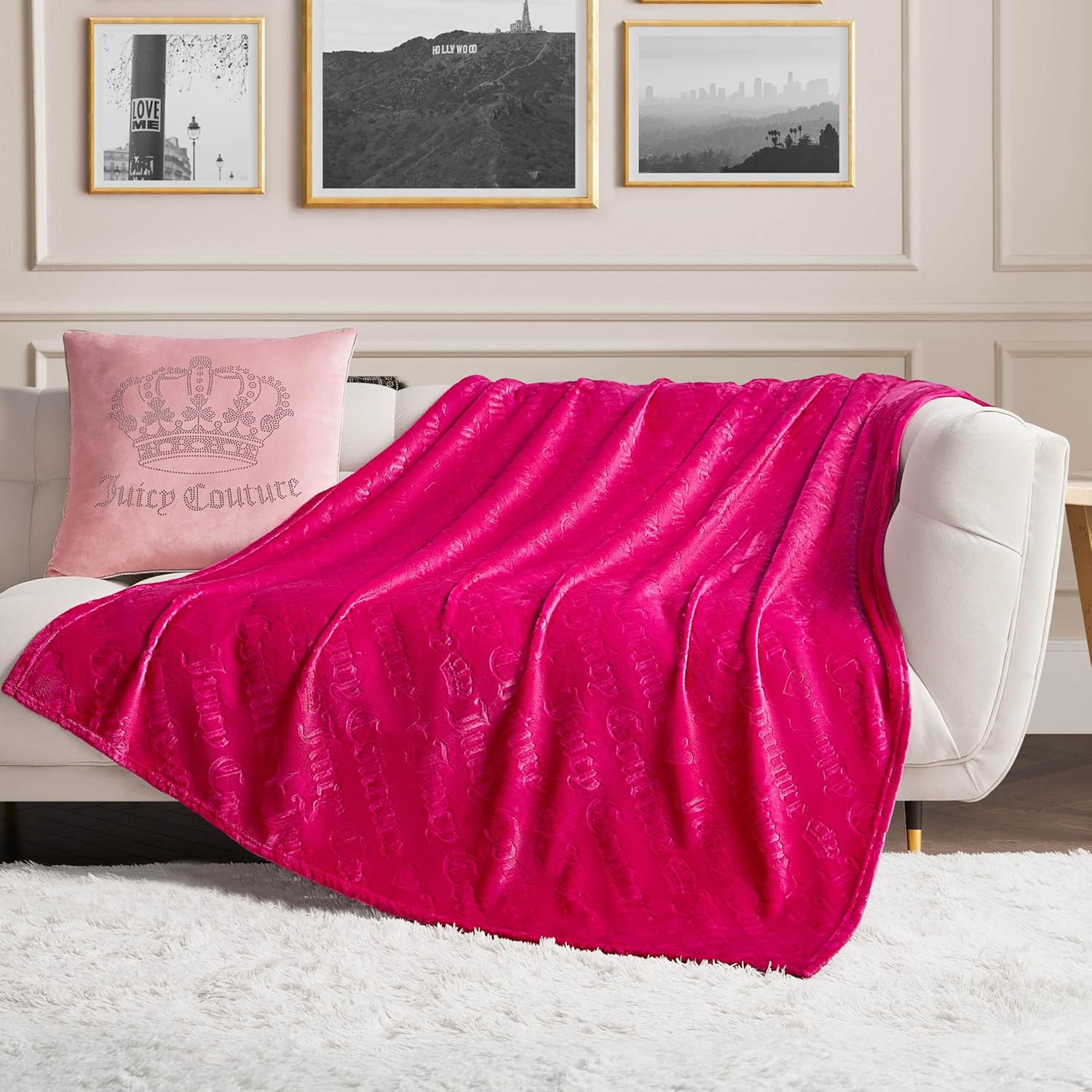 Juicy Couture Embossed Plush 50"x70" Throw Blanket, Embossed Diagonal Logo Hot Pink