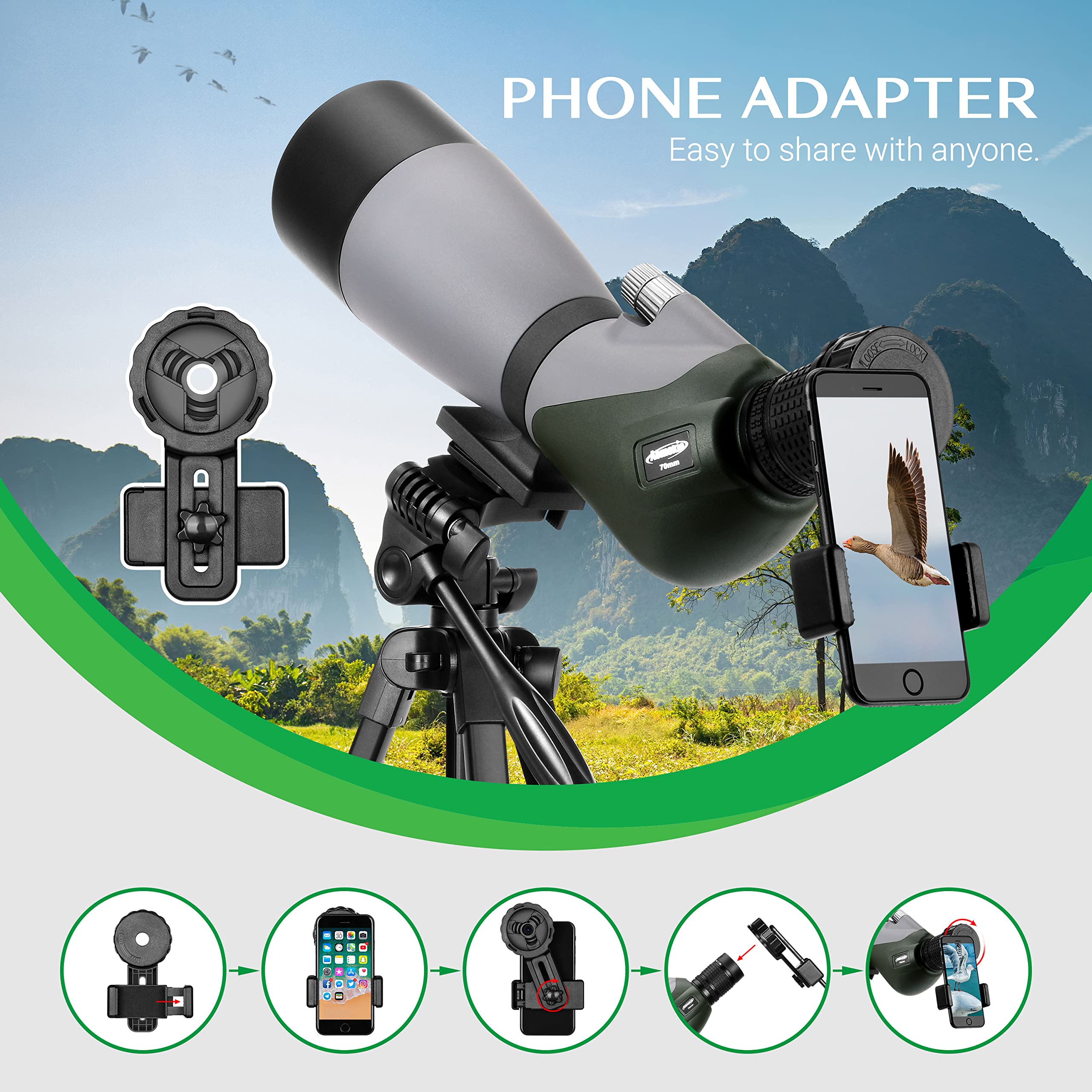 Aomekie Telescopio Terrestre 20–60x70 Impermeable con Trípode Ajustable con Adaptador para Teléfono Móvil