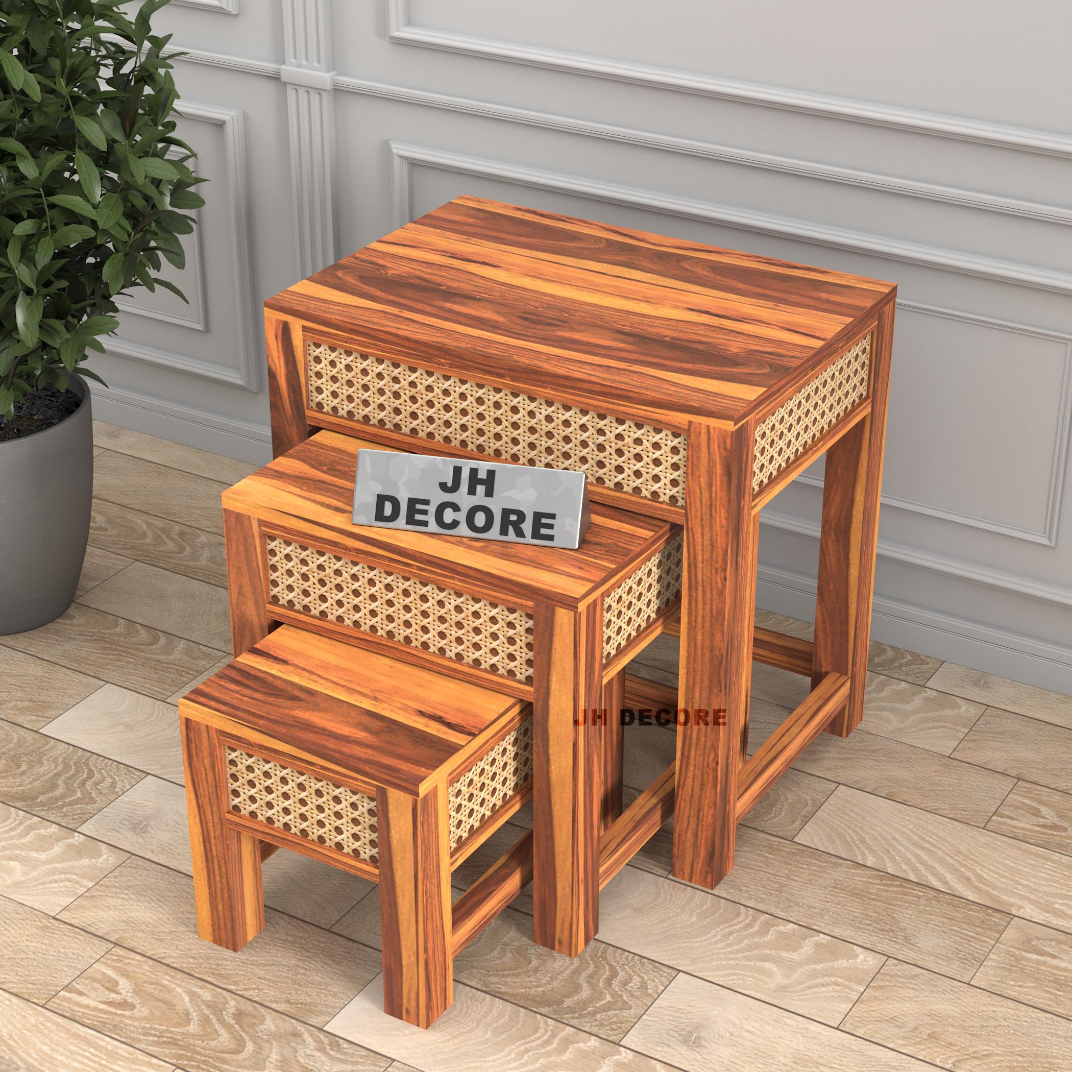 jh decore wooden sheesham wood nesting table set of 3 stools for living room | stool side table for home & kitchen, living room | solid wood sitting stool table (cane teak finish)
