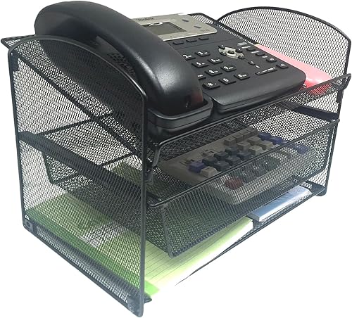 VANRA Organizador de escritorio de malla de metal, soporte para teléfono, clasificador de archivos, bandeja de archivos de escritorio, organizador