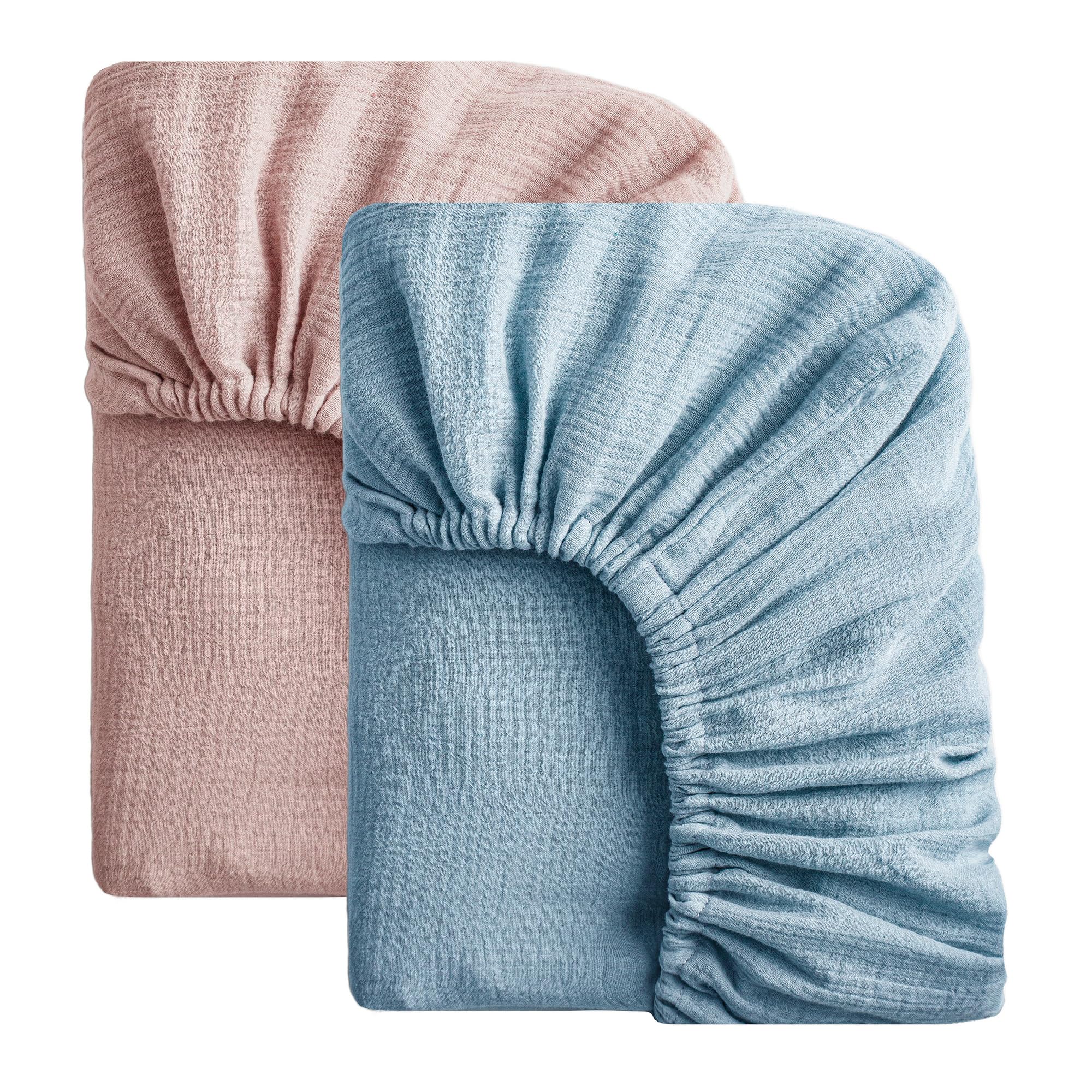 SOULFUL Mini Muslin Crib Sheets for Boys Girls, 2 Pack Soft and Breathable Cotton Fitted Crib Sheets for Standard Crib Mattress (24"x 38", Blue &amp; Dusty Rose)