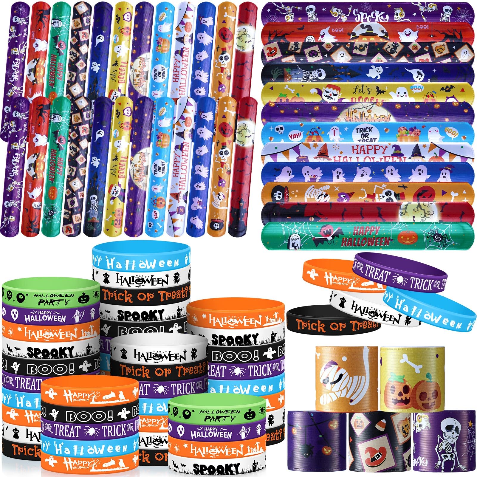 Wettarn 240 Pcs Halloween Party Favors Halloween Slap Bracelets for Kids Rubber Wristbands Bulk Silicone Bracelets Assorted Halloween Party Supplies for Boys Girls Prize Gifts Treat Filler (Halloween)