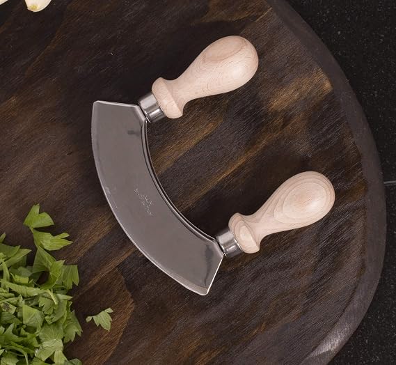 Fantes Double Mezzaluna Vegetable Chopper Rocking Knife, 5.5-Inch Stainless Steel Blade with Beechwood Handles, The Italian Market Original since 1906,Brown