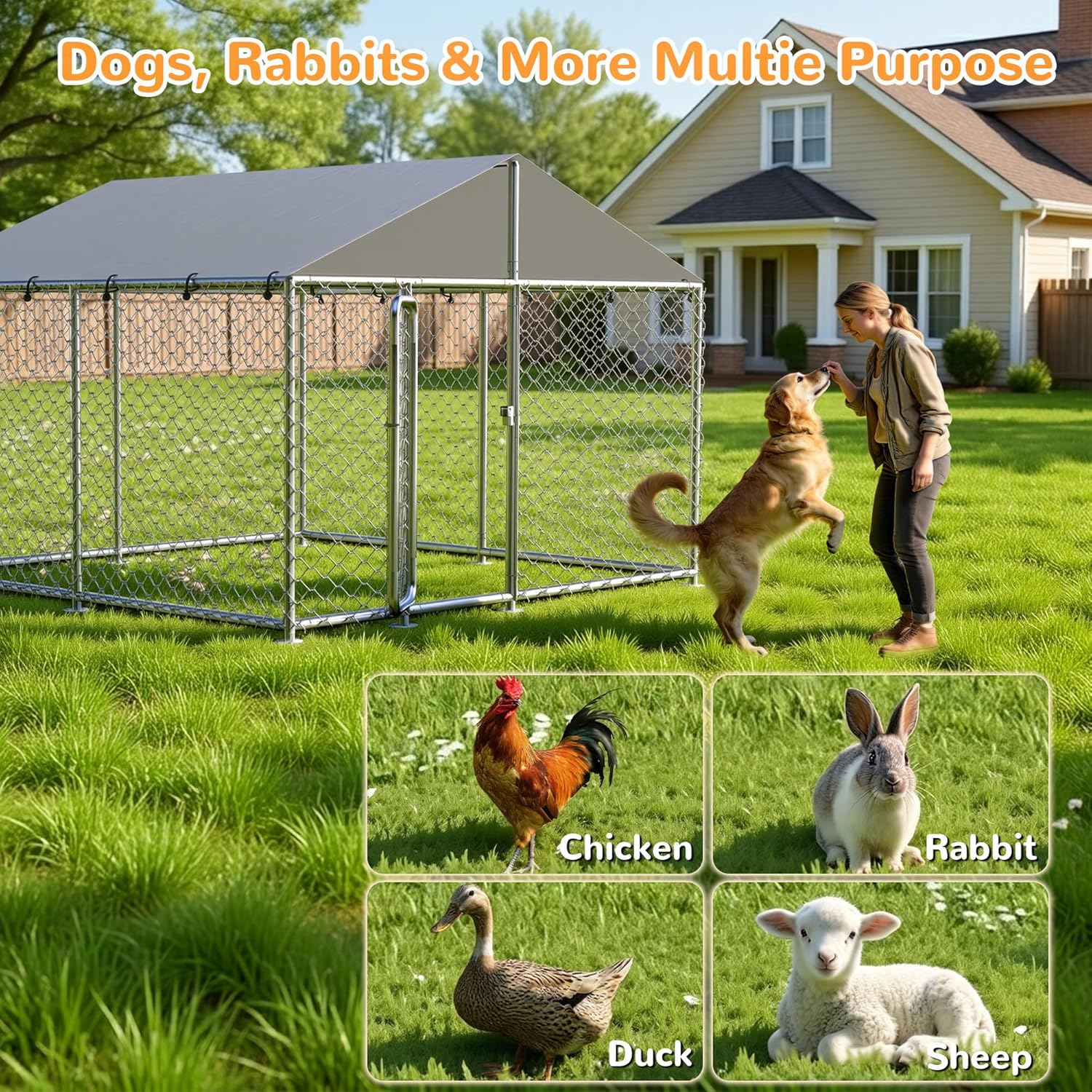 7.8x7.8 FT Extra Large & Heavy Duty Dog Kennel Run - Outdoor Metal Enclosure with Lockable Door and Waterproof Cover for Big Dogs