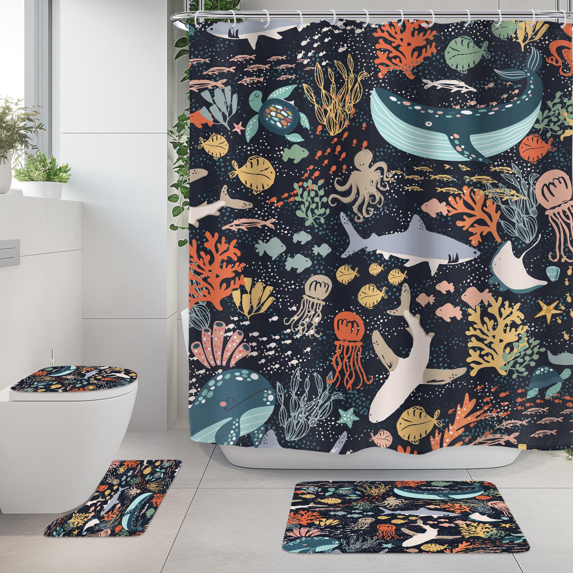 Riyidecor Juego de 4 cortinas de ducha para niños, diseño de pez tiburón, ballena azul del océano, animales marinos, juego de decoración de baño con alfombras y accesorios, alfombra de tapa de inodoro