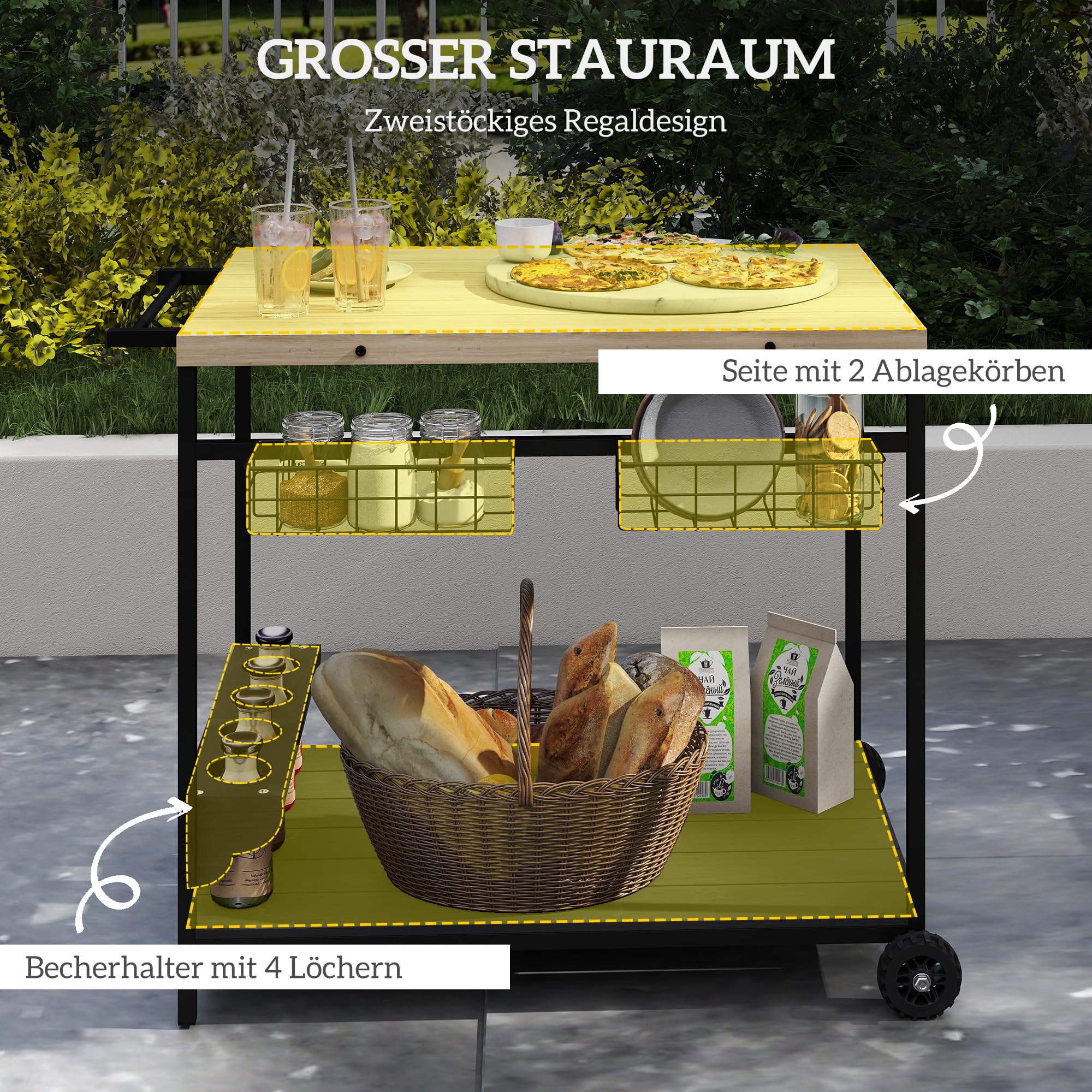 Outsunny Servierwagen Gartenrollwagen 2 Ebenen Barbecue Trolley Aufbewahrungskorb Outdoor Küchenwagen Griff Becherhalter Tanne Natur 97,5 x 65 x 81 cm