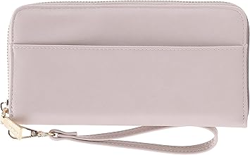 B BRENTANO Vegan Leather Slim Single-Zipper Wallet with Pocket, Wristlet and Tassel Accent Beige