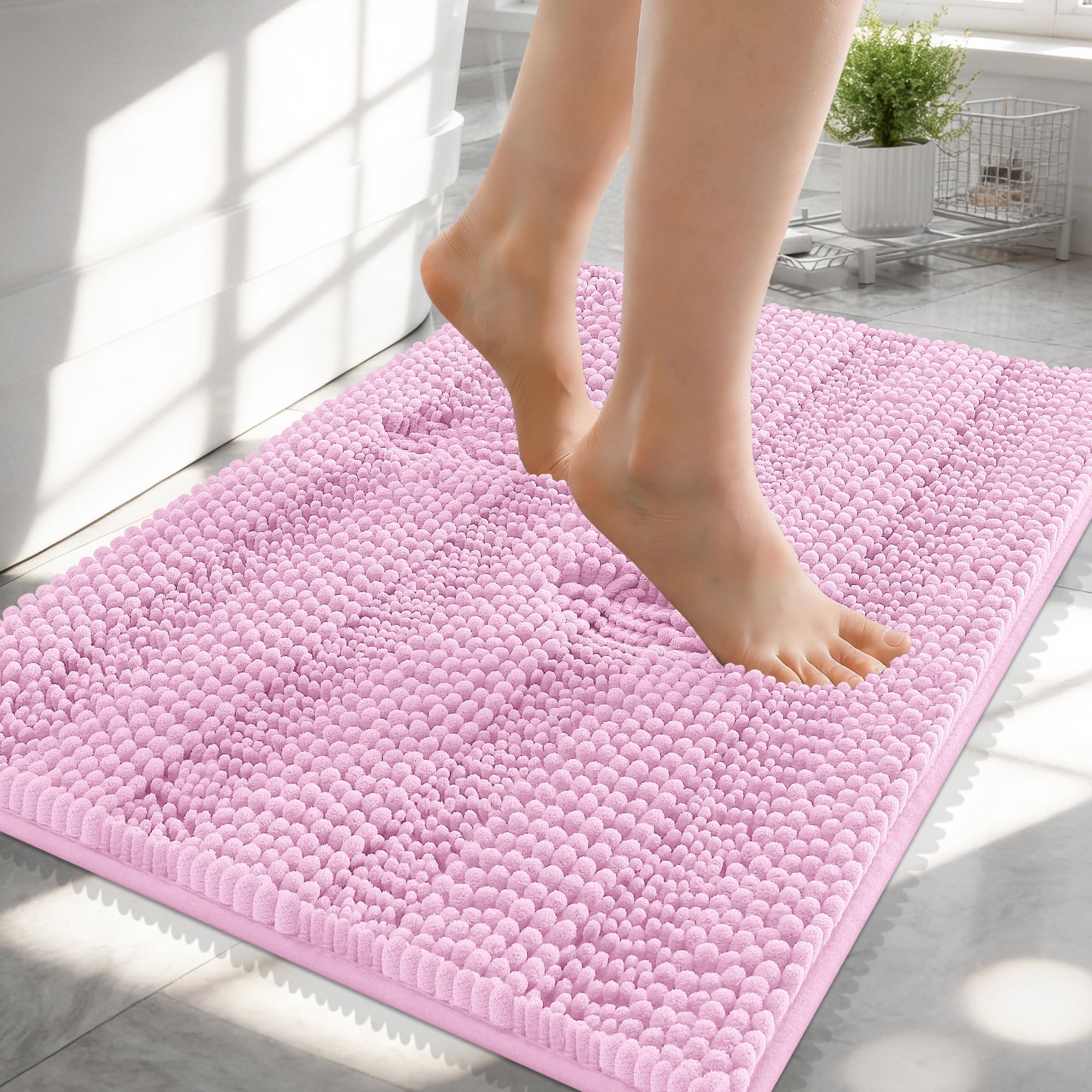 OLANLY Thick Small Bathroom Rugs 24x16, Soft Chenille Bath Rugs, Pink