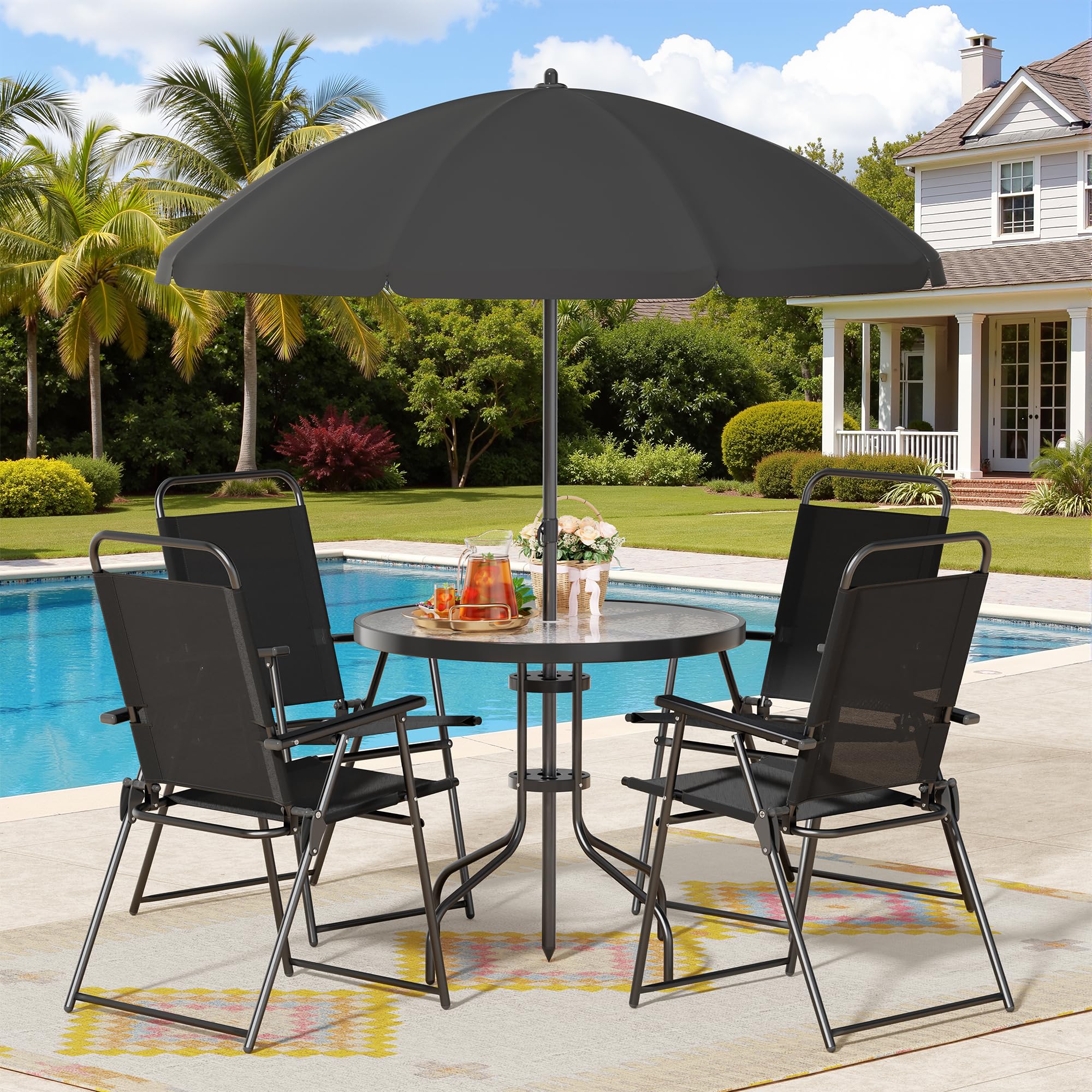 6 piece patio set with umbrella walmart Amazon.com: Shintenchi 6 Piece Patio Dining Set with Umbrella, Outdoor  Furniture Set with 4 Folding Chairs and Tempered Glass Top Dining Table fot  Lawn Backyard Garden Porch Black : Patio, Lawn & Garden