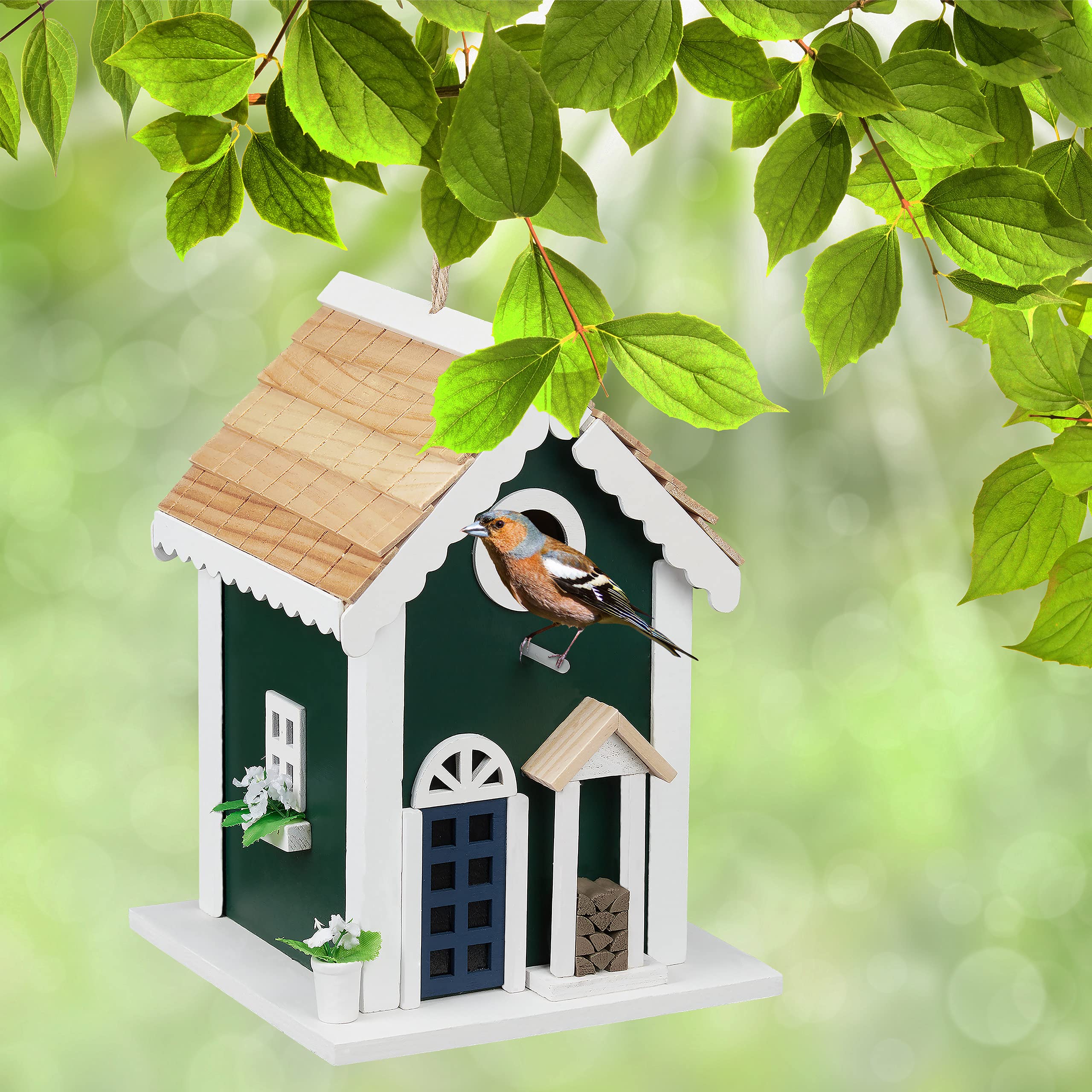 Relaxdays Casa per Uccelli, con Passante, da Appendere, Stile Country House, 25,5x18,5x18,5 cm, per Esterni, Multicolore