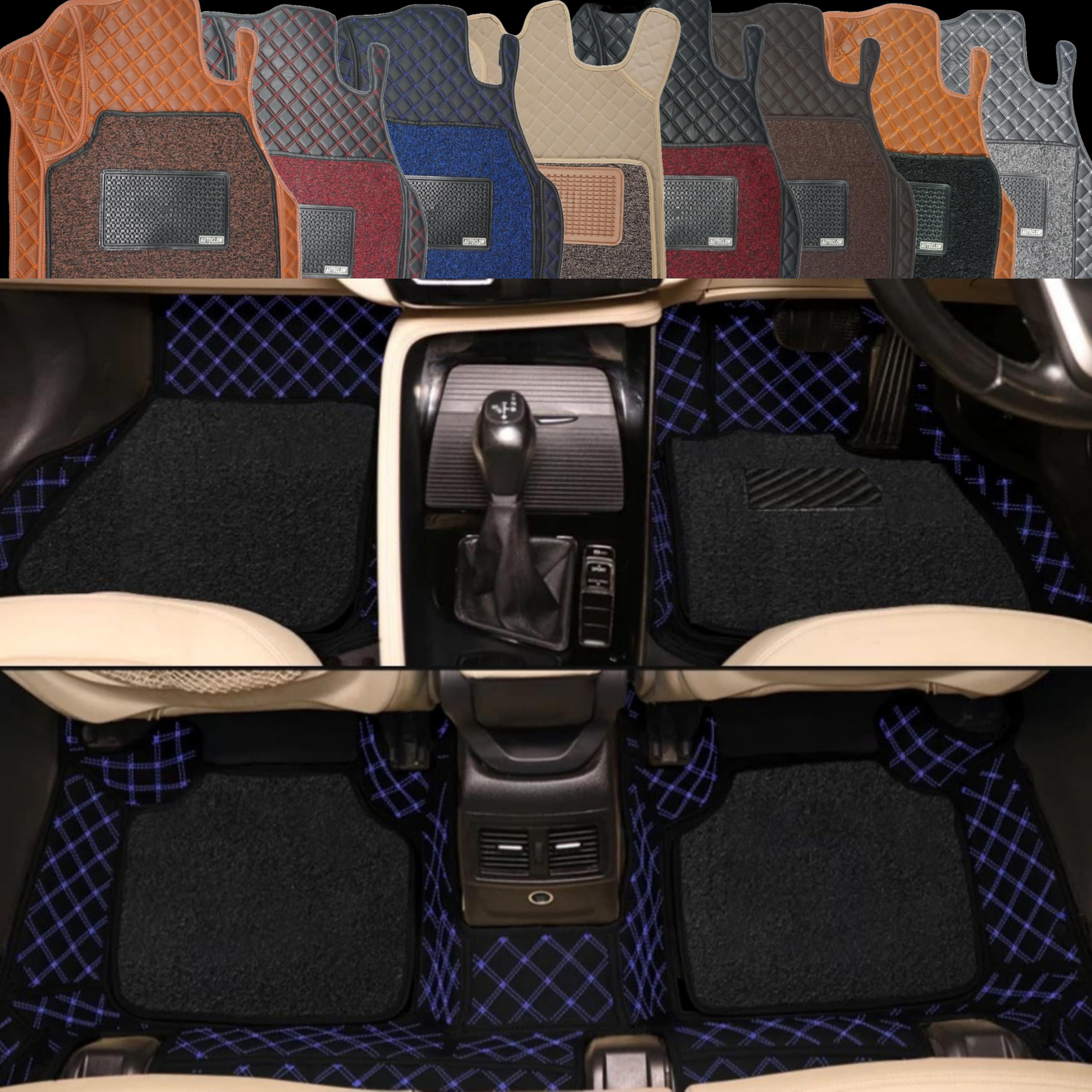 Autoclow/Premium 7D Car Mat for Mahindra Thar Roxx 5 Door (Model:2024-2025)|| Luxury Leather Dual-Stitch 7D Car Floor Mat Full Set ||100% Waterproof ||Color: Blue Stitch-Black Grass (Design-1)