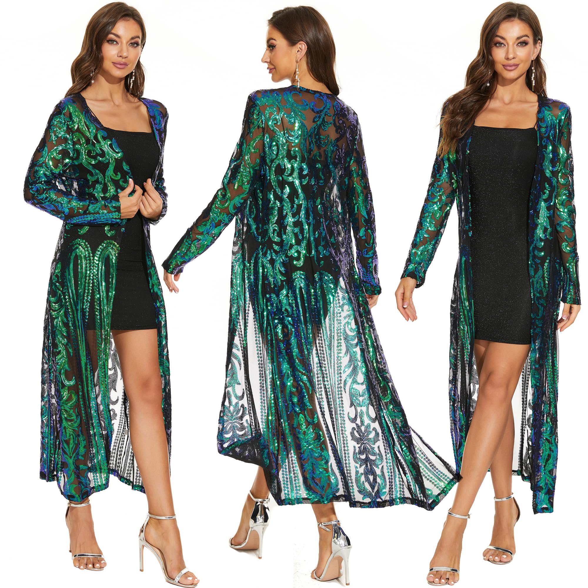 Women's Sequin Cardigan Summer Cover Up Dress Glitter Sparkle Open Front Coat Dresses Duster for Evening Prom