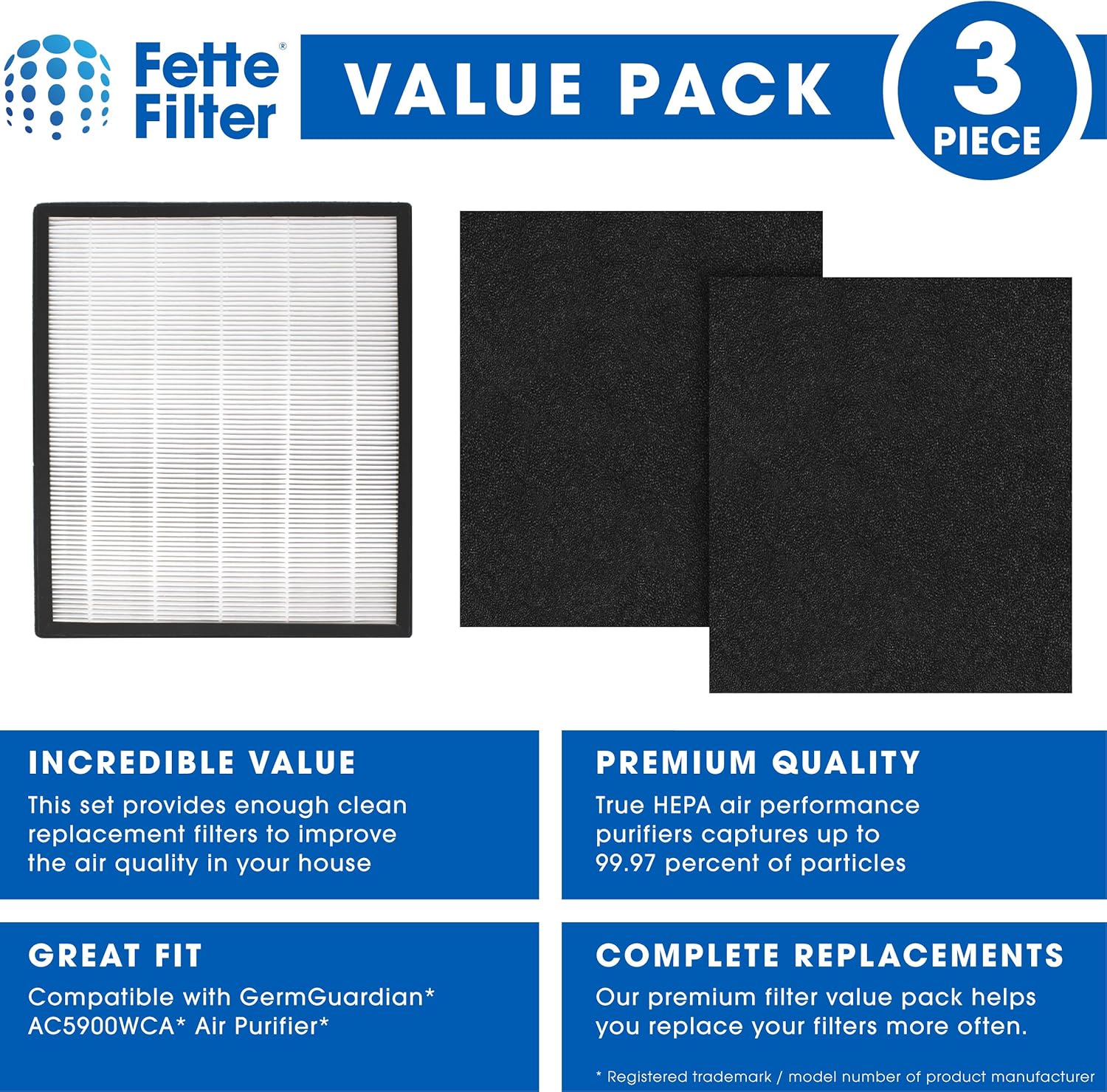 Fette Filter - Premium H13 True HEPA Replacement Filter J Compatible with GermGuardian FLT5900 for AC5900WCA & AC5900WDLX Air Purifier includes 1 Hepa 2 Activated Charcoal Filter.