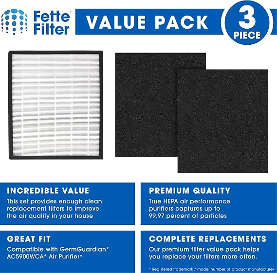 Fette Filter - Premium H13 True HEPA استبدال مرشح J متوافق مع GermGuardian FLT5900 لـ AC5900WCA & AC5900WDLX Air Purifier يتضمن 1 Hepa 2 Activated Charcoal Filter.