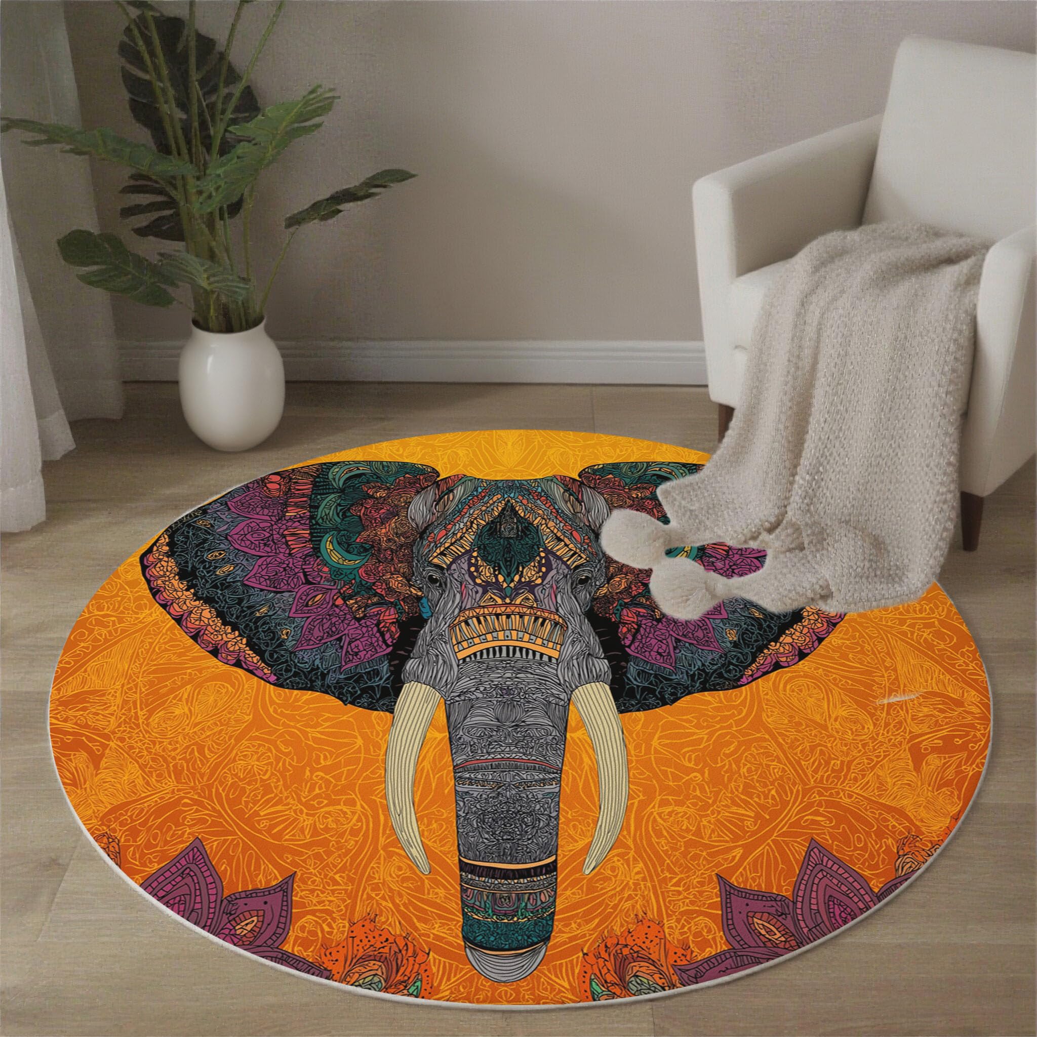 Tapis Rond à Poils Ras Tête D'Éléphant Mandala Antidérapant Lavable Tapis de Sol Motif Cachemire Moquette Décoration pour Salon Chambre Canapé Descente de lit, 120cm, Couleur Orange