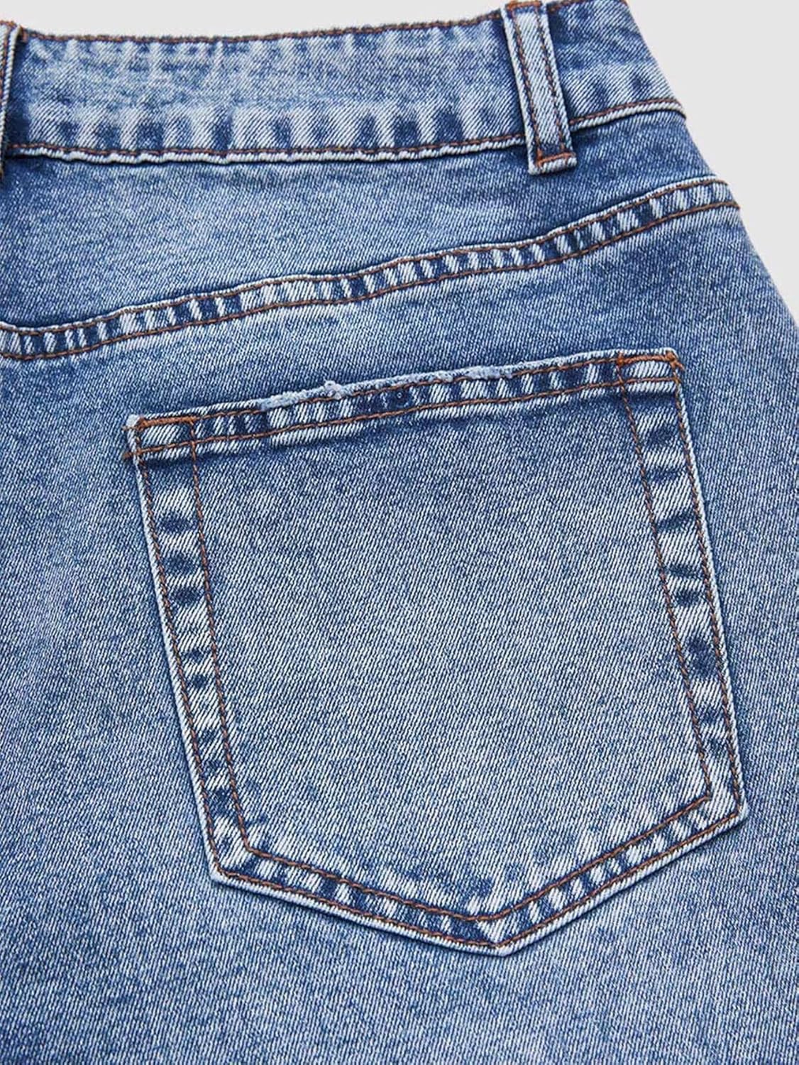 Flamingals Straight Leg Jeans for Women Boyfriend Mid Rise Roll Hem Wash Cropped Denim Pants Without Belt