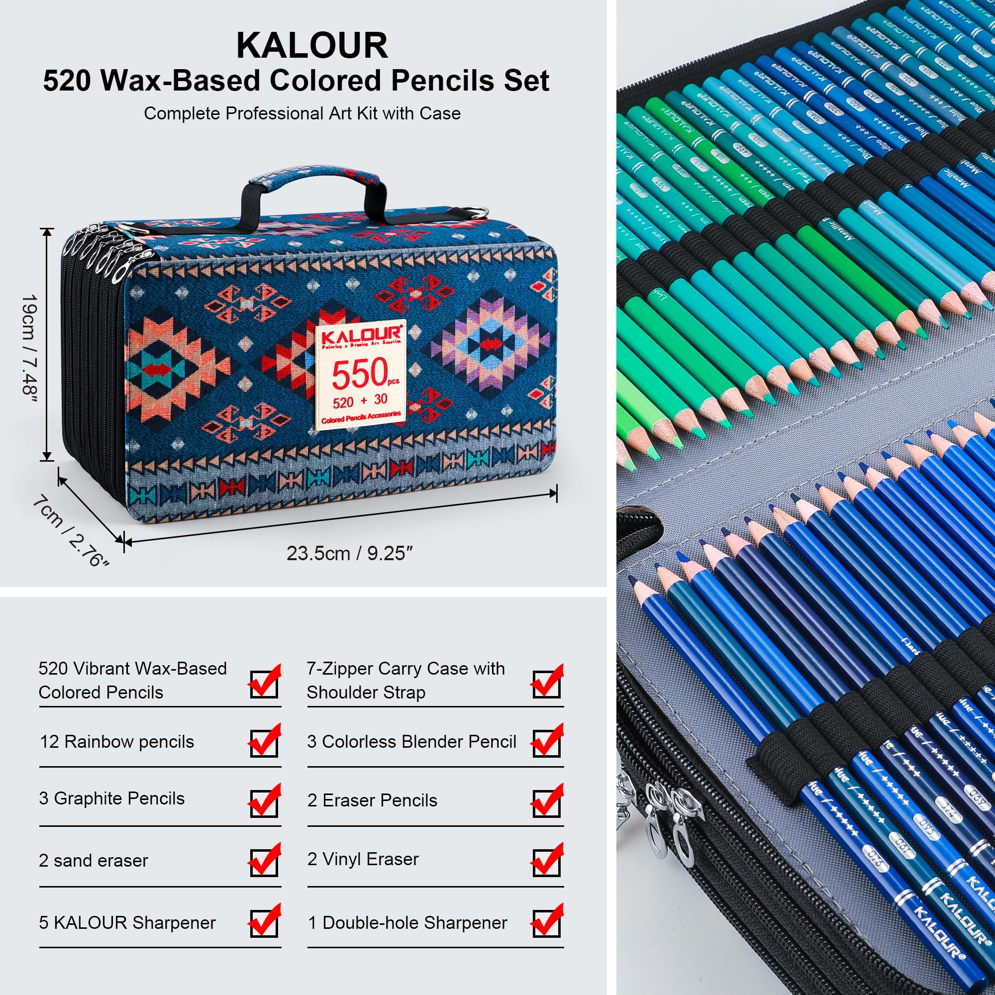 KALOUR Lot de 550 crayons de couleur avec étui à fermeture éclair de grande capacité, noyau souple avec couleurs vives, idéal pour le coloriage, le dessin, les croquis, les travaux manuels, les