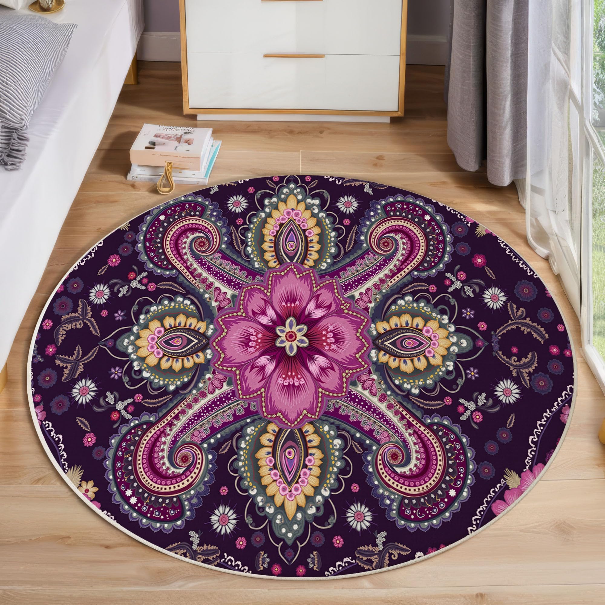 Tapis rond 120cm lavable et antidérapant style bohème motif floral