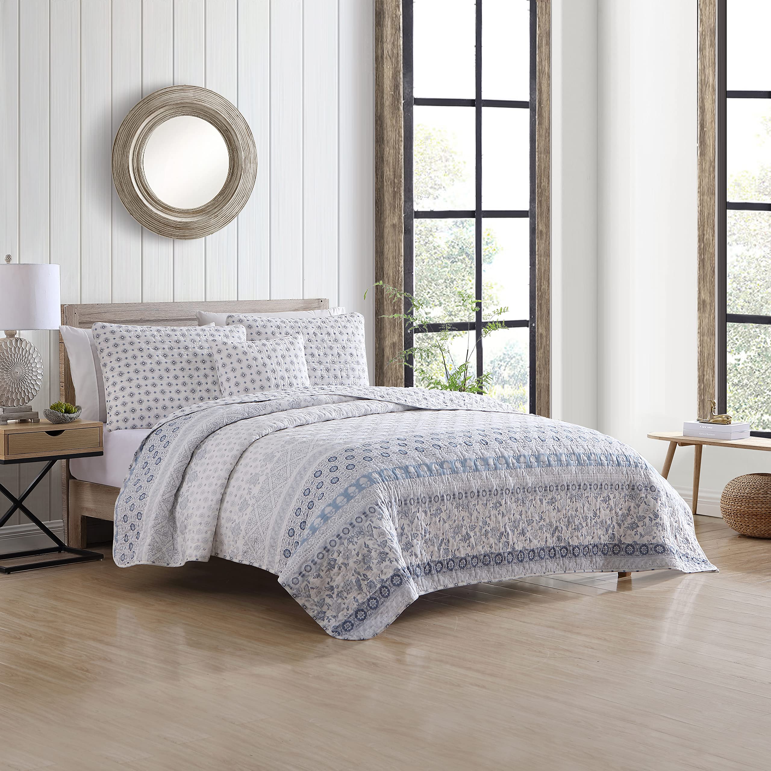 Stone Cottage King Quilt Set, Cotton Reversible Block Print Bedding