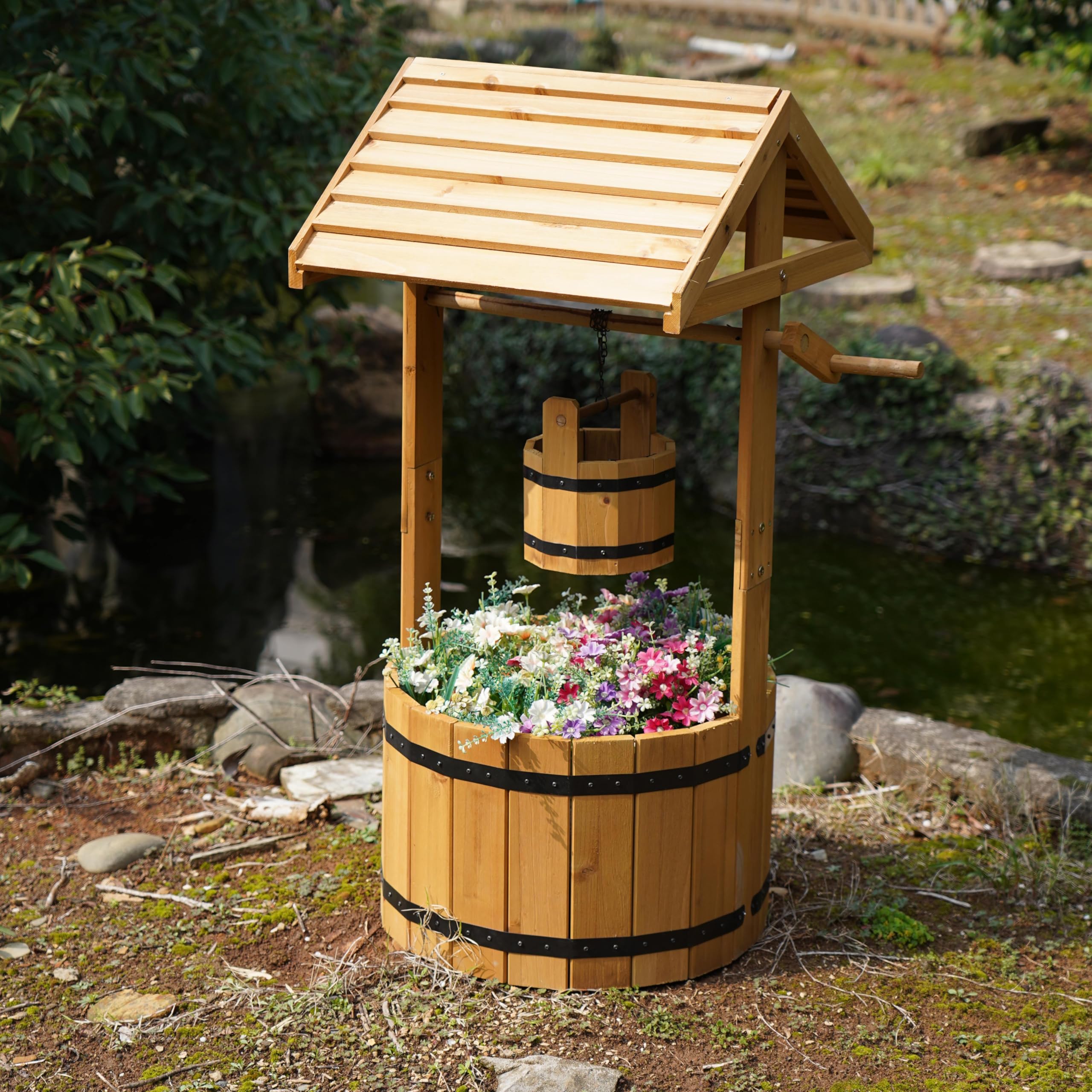 Actiasgear – Wooden Wishing Well Flower Planter | Rustic Outdoor Garden Decoration with Slatted Base | Treated Fir Wood, 100cm Tall