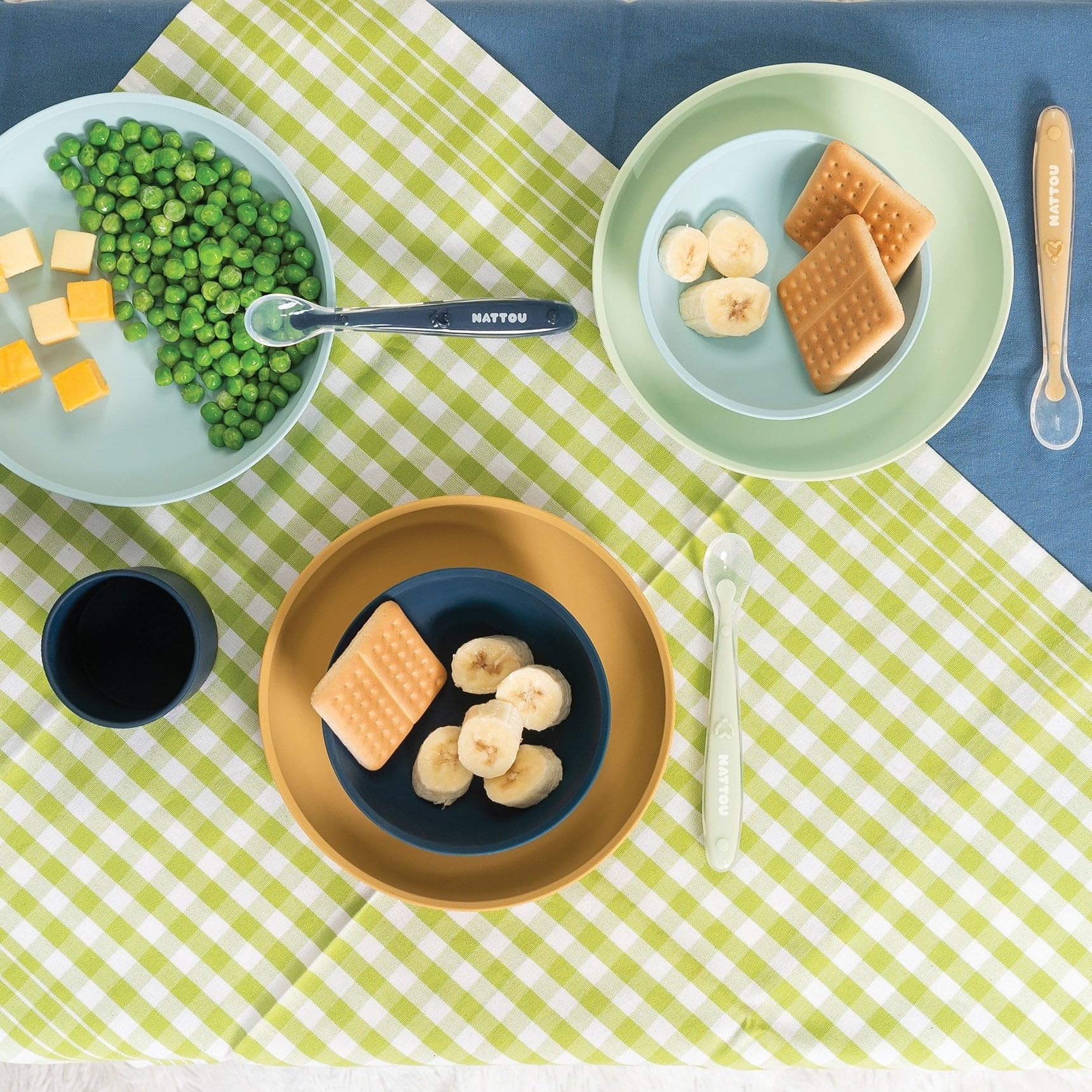 Nattou Silicone 4-Piece Tableware for Children 1 Spoon, 1 Cup, 1 Plate, 1 Bowl, Non-Slip, BPA-Free, Silicone, Green/Beige - Image 2