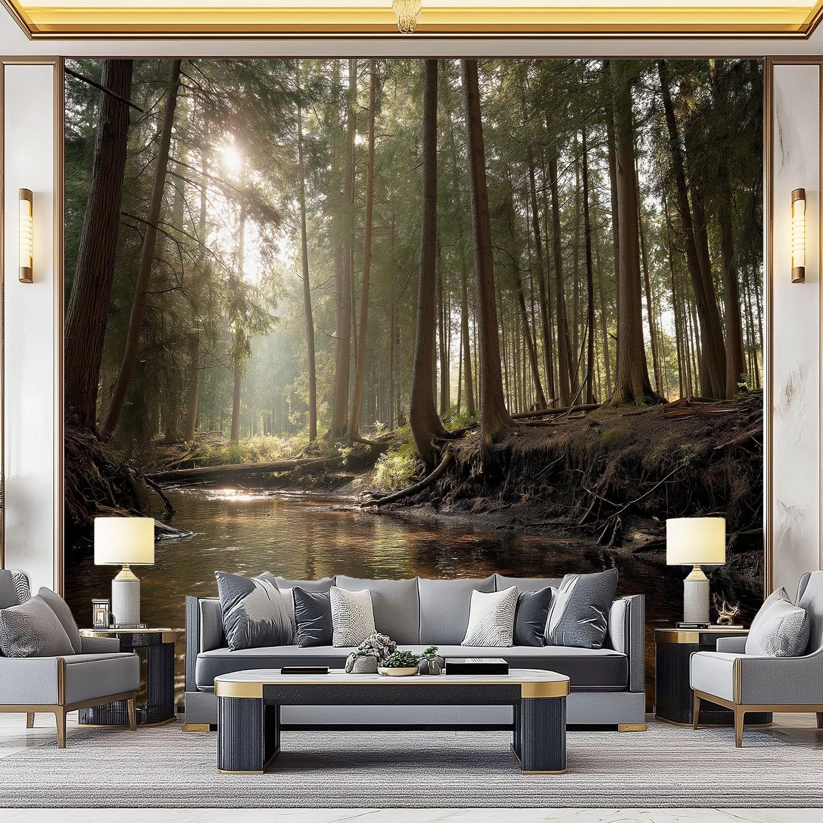 Papier peint panoramique 200 x 140 cm intissé : tapisserie forêt pour chambre et salon moderne