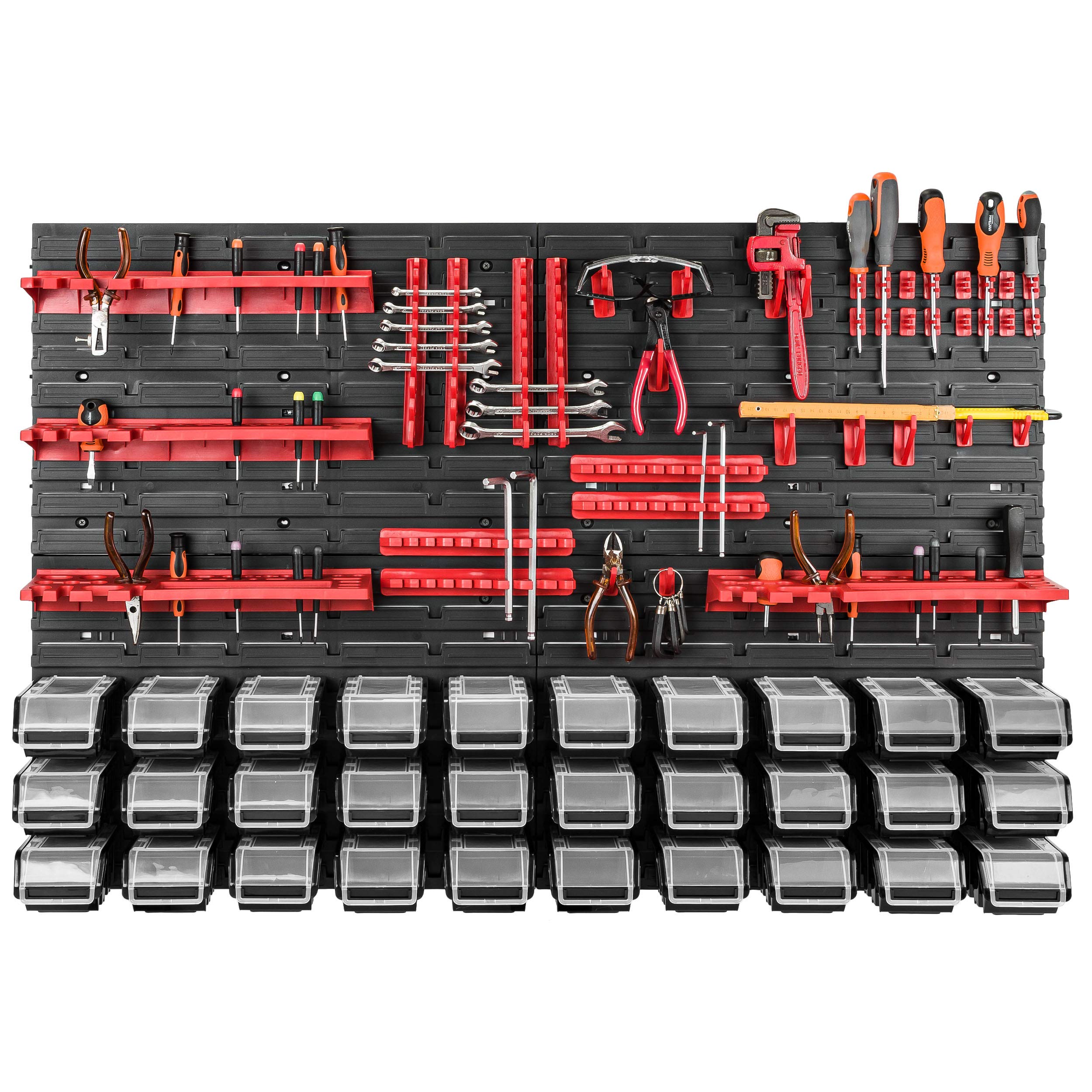 agere a Outils 115 x 78 cm, 30 bacs a bec, boites de rangement, panneau murale, crochets a outils, Porte-Outils,en Plastique, noire couleur, garage atelier, banc de travail