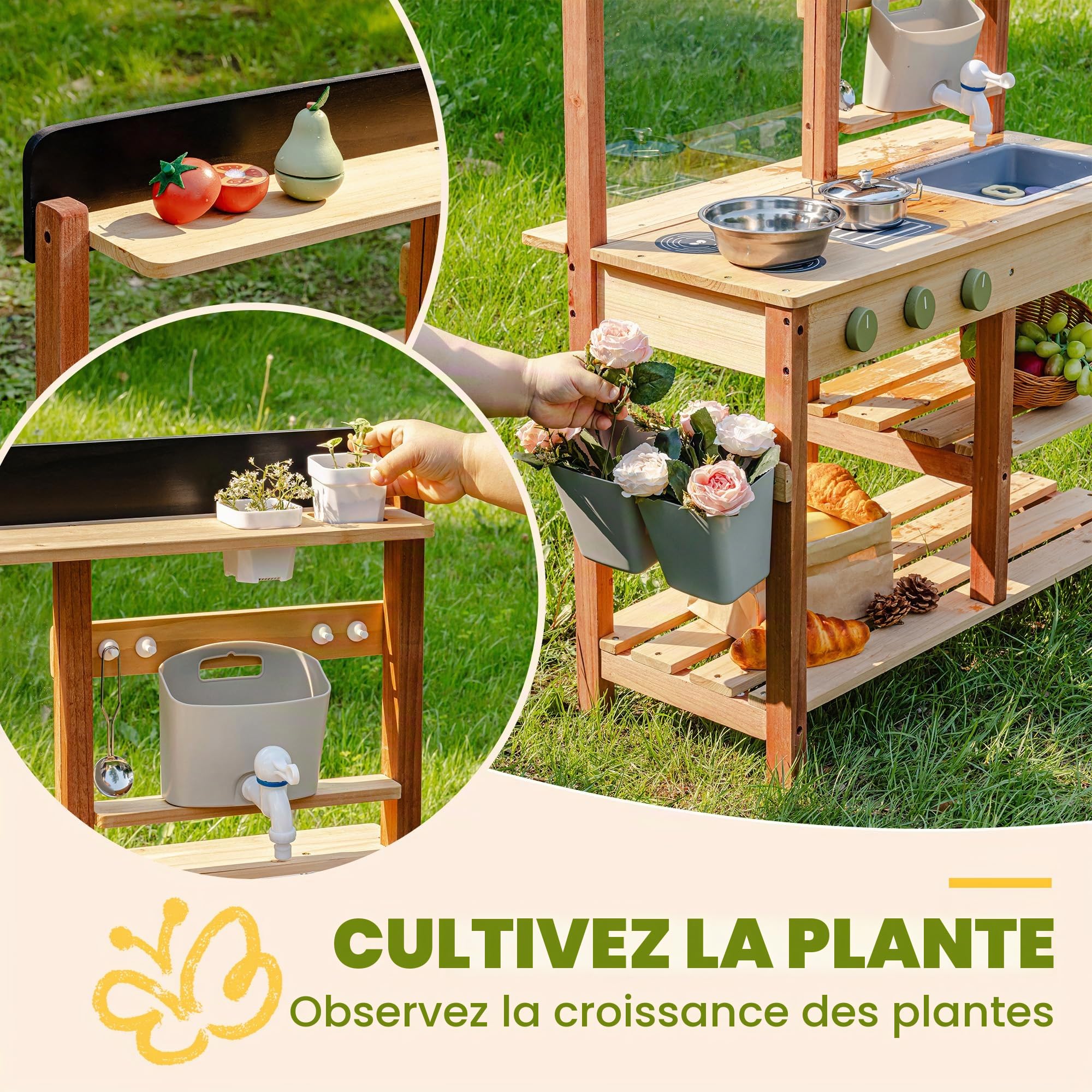 ROBUD Cuisine boueuse en Bois - Cuisine de Jeu d'extérieur avec Accessoires et Tableau à colorier - Jouet à roulettes pour Enfants à partir de 3 Ans