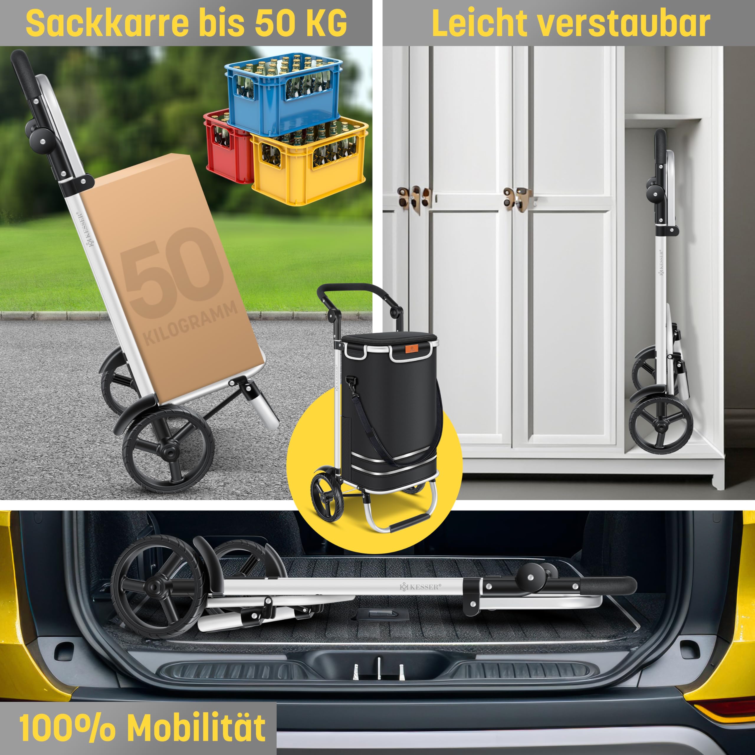 KESSER® Einkaufstrolley klappbar mit 56L Kapazität und belastbar bis 50kg | 3in1 Trolley Sackkarre & Umhängetasche | Faltbarer Einkaufswagen inkl. Kühlfach & Einkaufschip | Treppensteiger Schwarz