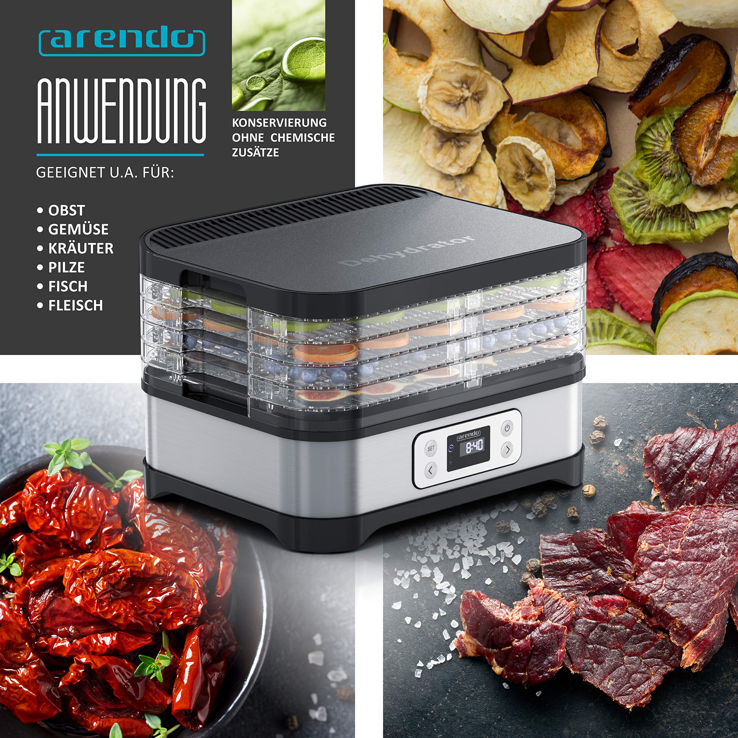 Arendo - Dörrautomat mit Temperaturregler - Edelstahl Dörrgerät für Lebensmittel Fleisch Früchte Gemüse - 260 W - mit Timer bis zu 72 h - 35-70 Grad - 5 Einlegefächer - GS - Dehydrator - BPA frei