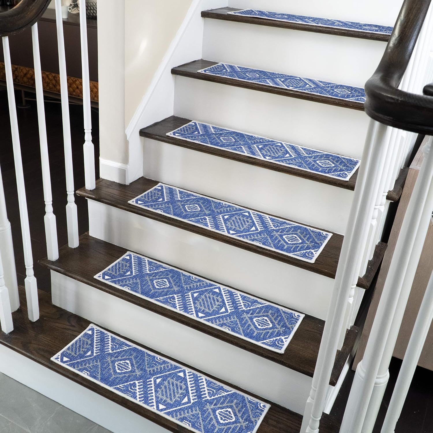 SUSSEXHOME Monument Design 9 X 28 Stair Treads - 70% Cotton Anti-Slip Carpet Strips for Indoor Stairs-Easy to Install with Double Adhesive Tape-Safe, Extra-Grip, 10-Pack-Navy