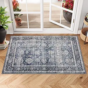 GarveeHome Area Rugs 2x3 Vintage Printed Floor Carpet with Non-Slip Backing, Stain-Resistant Oriental Throw Doormat, Washable Farmhouse Low Pile Rugs for Living Room, Bedroom, Office, Blue