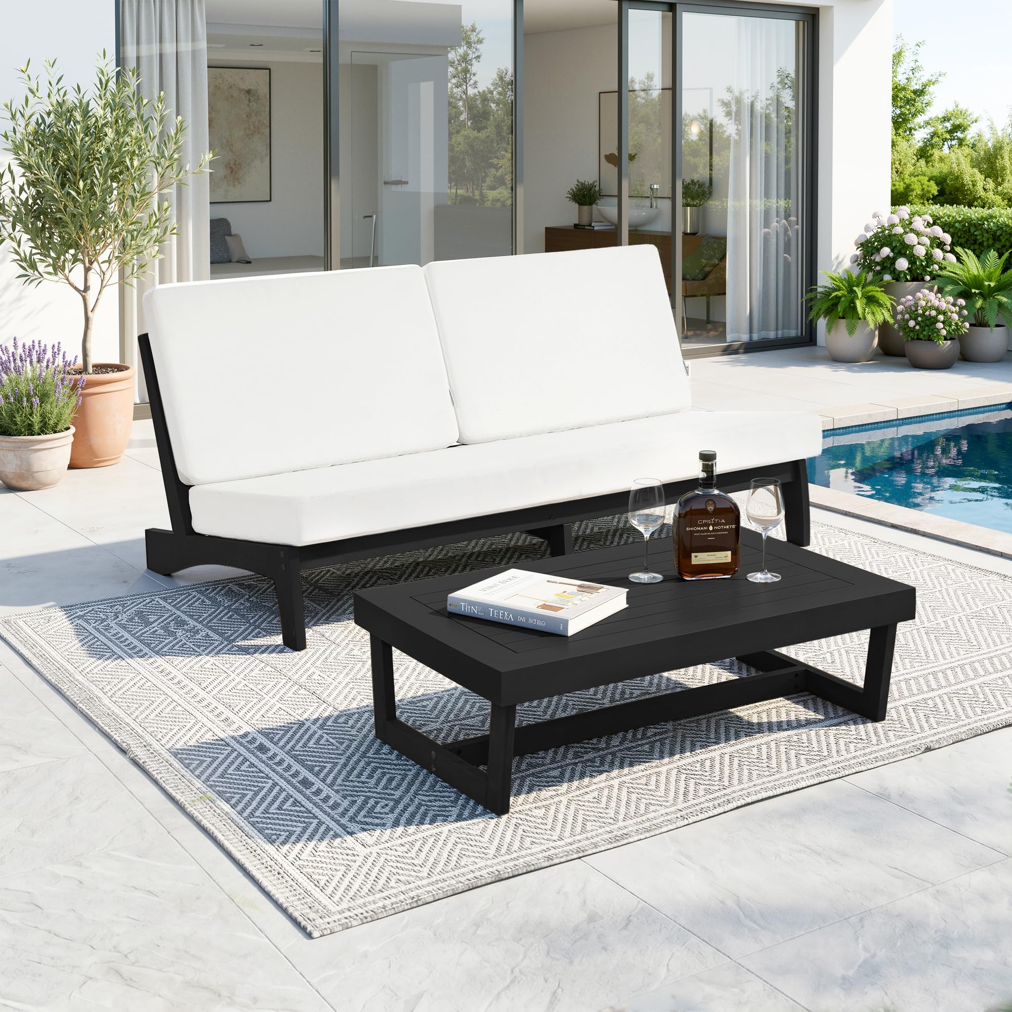 Pia Ricoo 2-Piece Patio Furniture Set, Outdoor Wood Sofa with Coffee Table, 4.5-Inch Thick Cushions, All-Weather Conversation Set for Backyard, Deck, Lawn - Beige/Drak