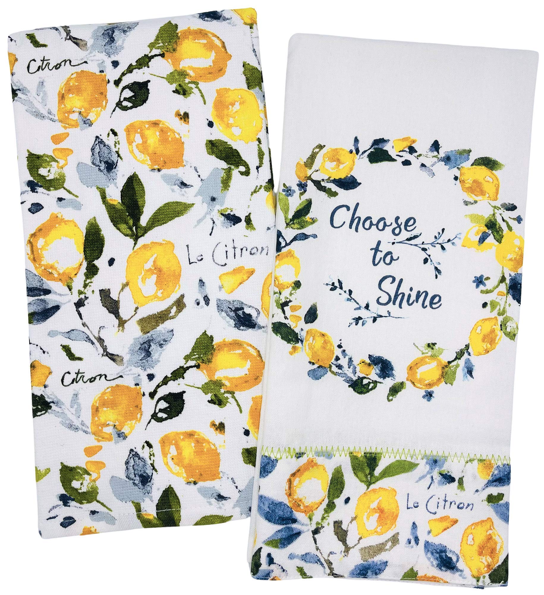 Choose to Shine Lemon Le Citron Kitchen Towels, Set of 2 Zest of Happy Lemons on Stem Dish Towels for Cooking, Baking, Lemon Kitchen Decor, Lemon Kitchen Towels